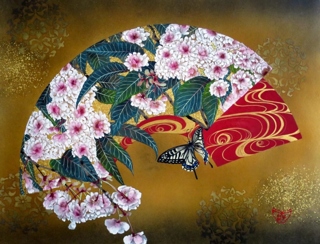 金箔使用 桜と草花の日本画 気安い