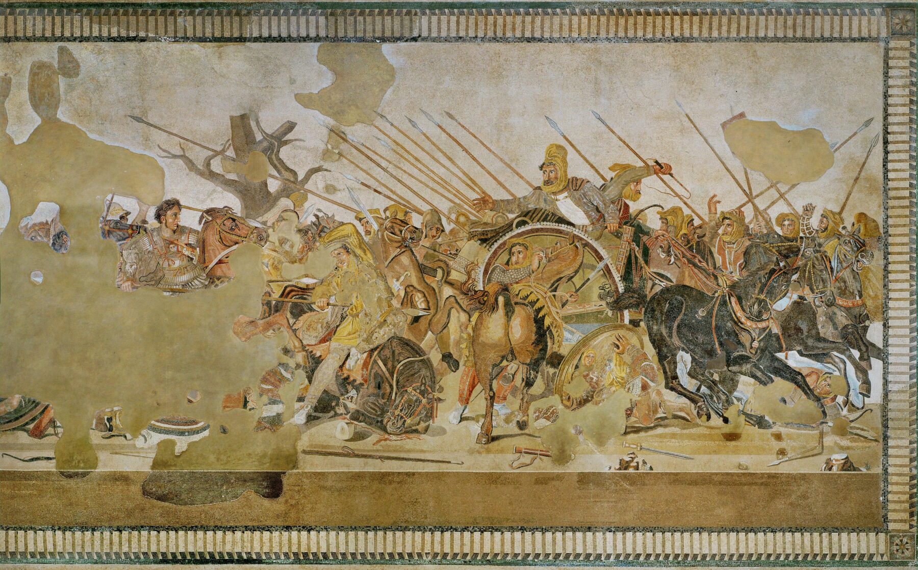 『アレクサンダー・モザイク』 紀元前310年頃のヘレニズム絵画にもとづくローマ時代の床モザイク オプス・ウェルミクラトゥム 313×582cm ナポリ国立考古学博物館所蔵
