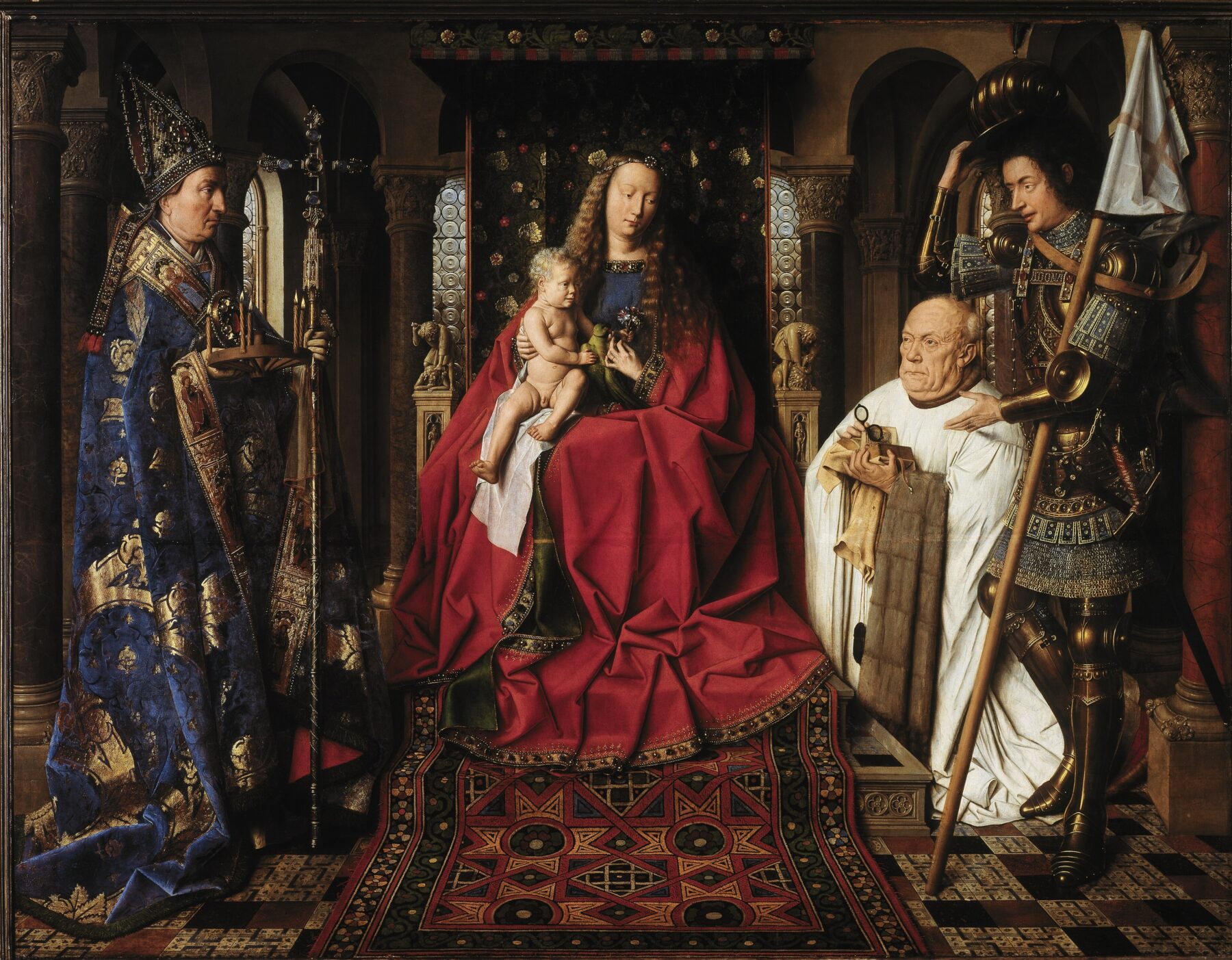 ヤン・ファン・エイク『ファン・デル・パーレの聖母子』1434〜1436年 油彩・板 124.5×160cm グルーニング美術館所蔵 聖母子と寄進者が描かれている