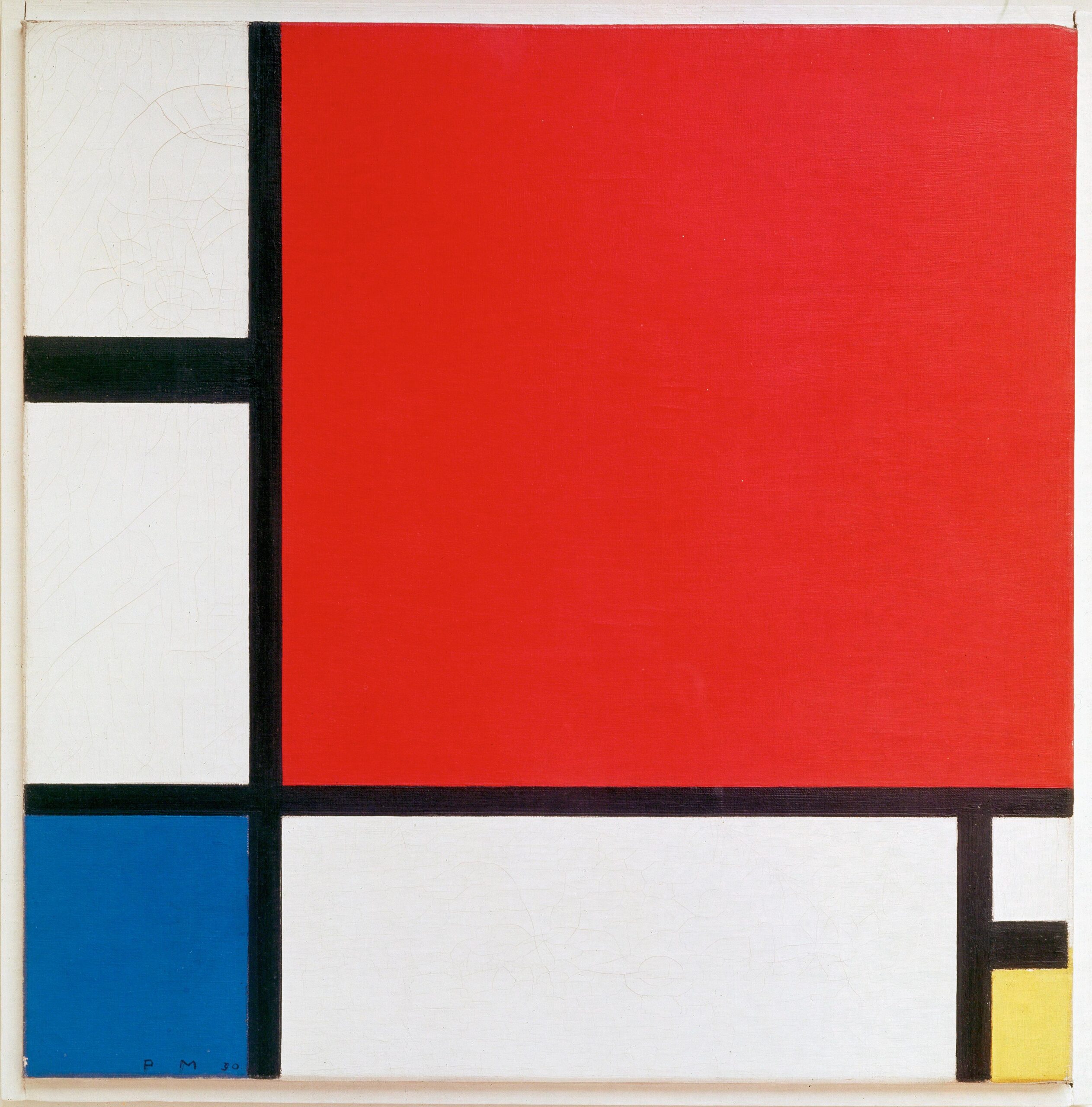 ピート・モンドリアン《Composition II in Red, Blue, and Yellow》　1930年　油彩・キャンバス　チューリヒ美術館所蔵。赤・青・黄と黒い直線によるモンドリアンの代表的な抽象画。