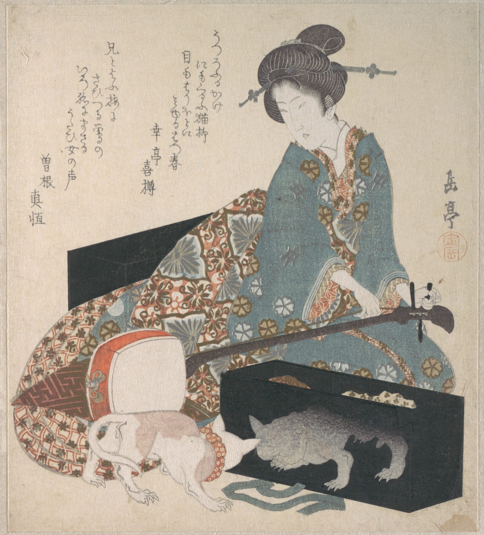『三味線の調弦』 八島岳亭 19世紀前半 木版画(美人画・摺物) 女性が三味線の調弦を行う姿を描いた作品