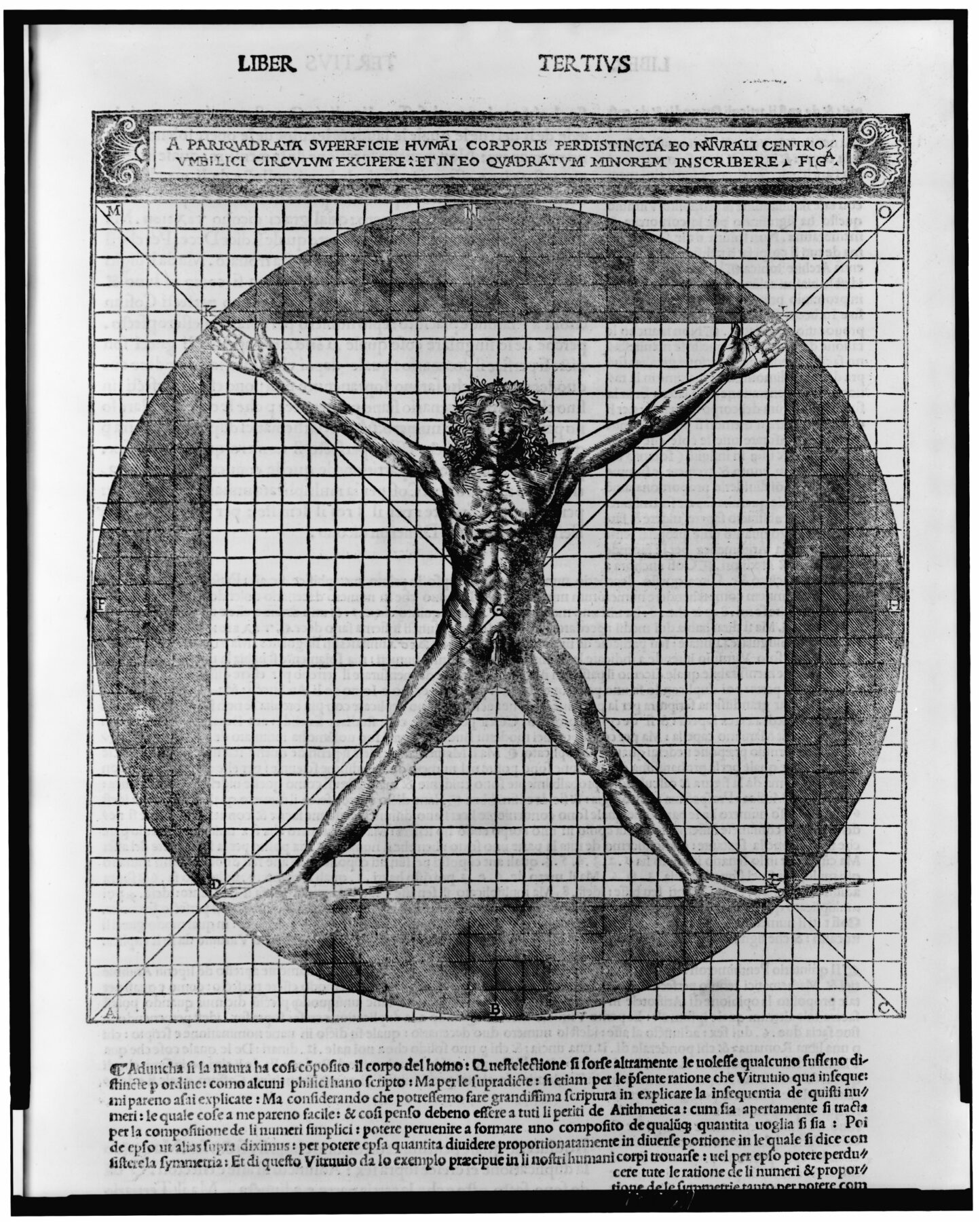 チェーザレ・チェザリアーノ編1521年版『建築十書』の人体比例図。Library of Congress
