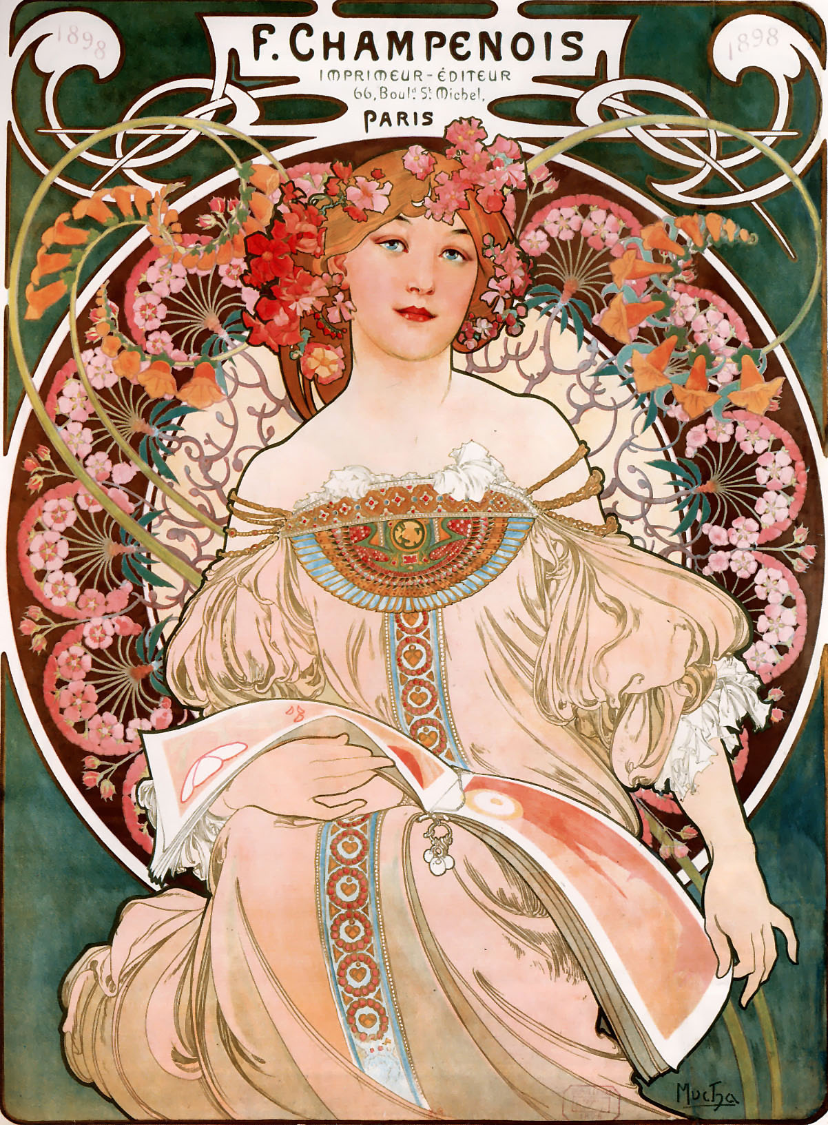 『F・シャンプノワ印刷所のための装飾パネル(夢想)』 アルフォンス・ミュシャ 1897年 カラー・リトグラフ 72.7×55.2cm 個人蔵