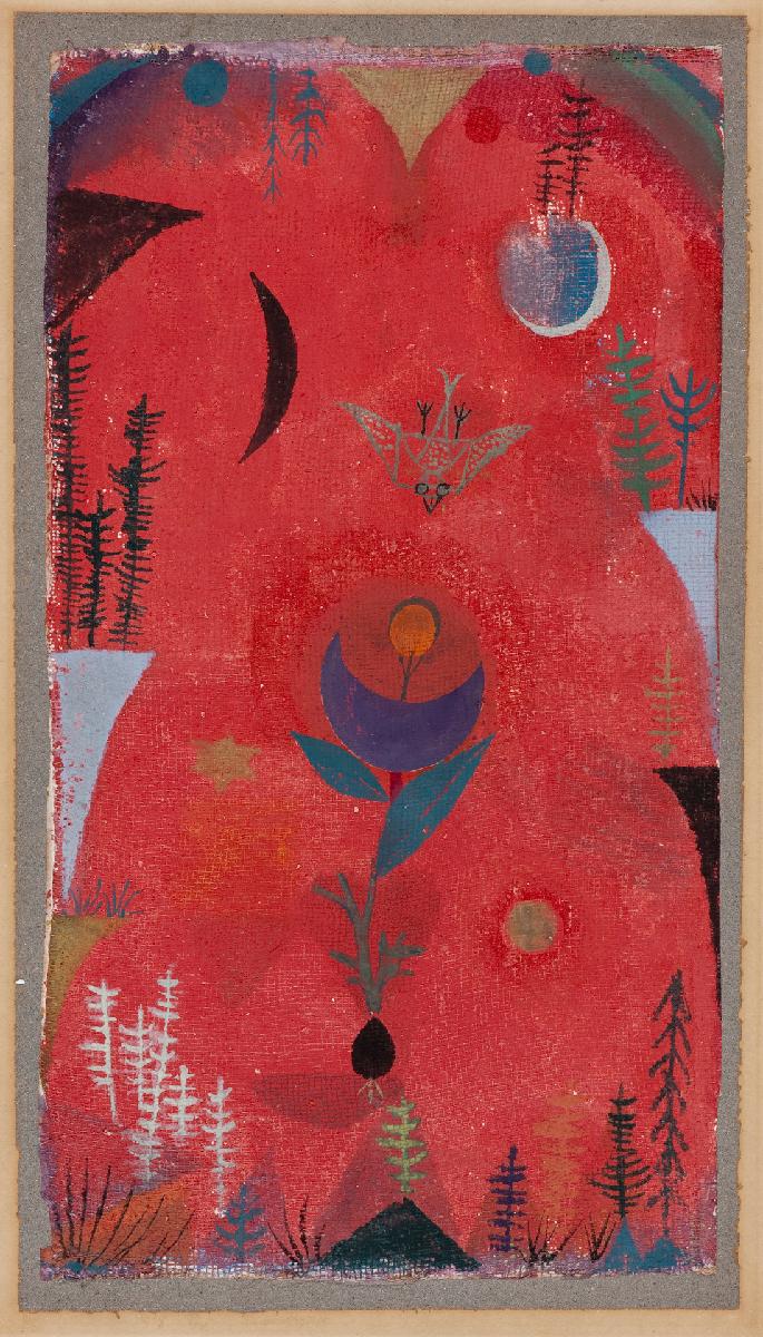 『花の神話(Blumenmythos)』 パウル・クレー 1918年 水彩・パステル下地・布・新聞紙(板に貼付) シュプレンゲル美術館所蔵