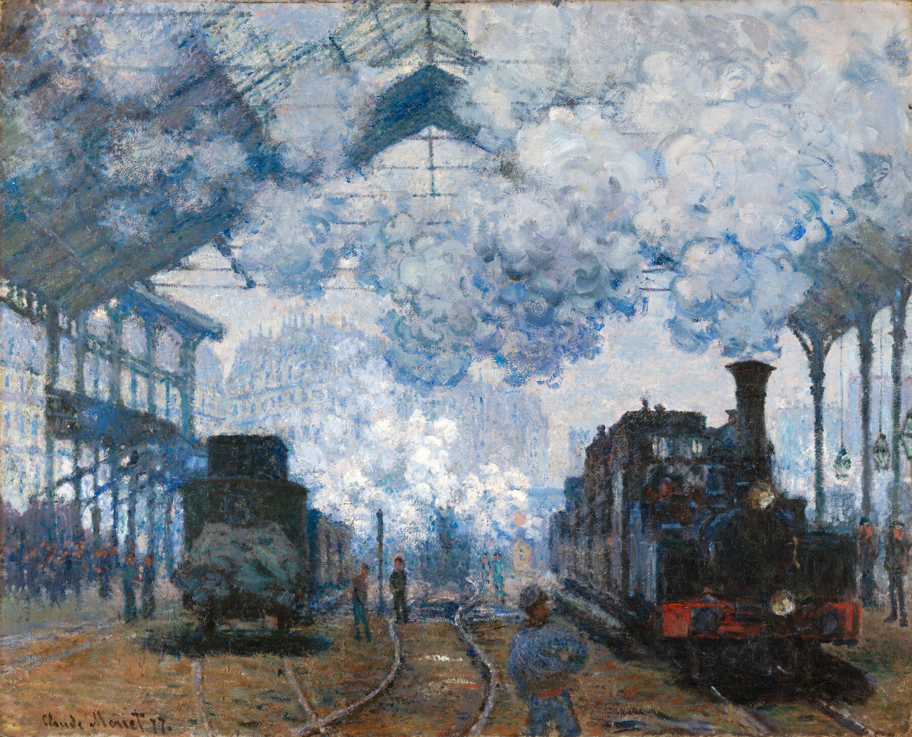 『サン＝ラザール駅、列車の到着』 クロード・モネ 1877年 油彩・キャンバス 81.9×101cm フォッグ美術館所蔵
