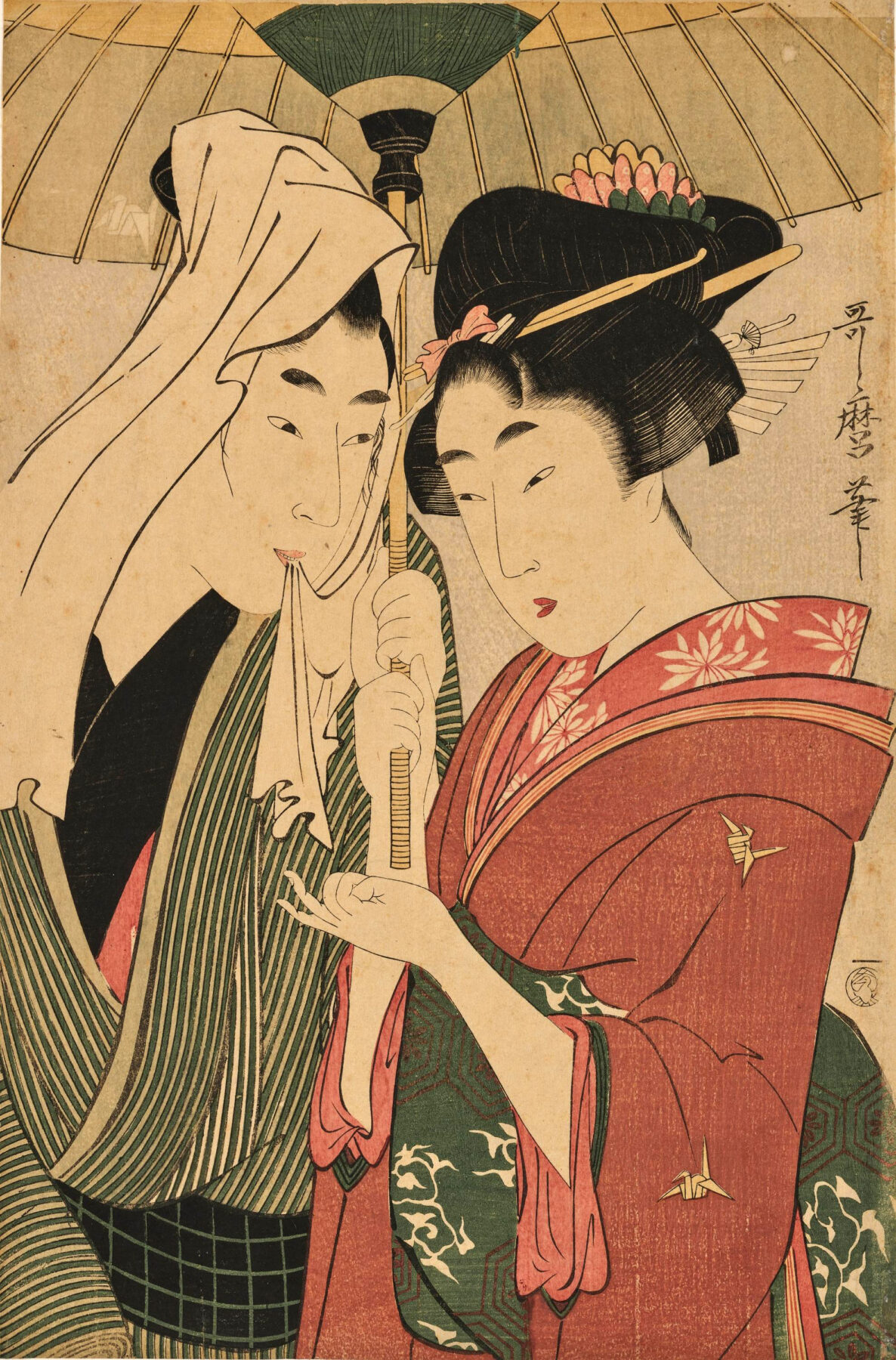 『相合傘』　喜多川歌麿　1790年代頃　木版画（大判錦絵・美人画）　　ColBase（httpscolbase.nich.go.jp）をもとに明度調整　　男女が一本の傘を分け合う姿を描いた風俗画作品