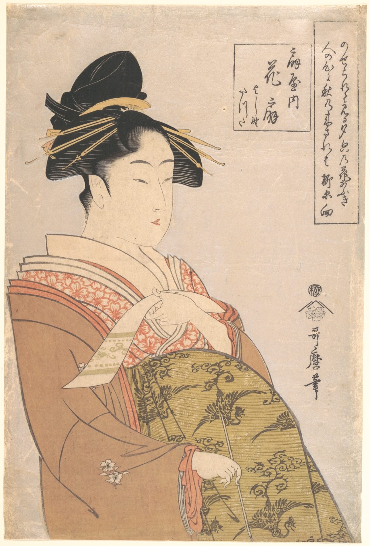 『扇屋内花扇（吉野・龍田）』　喜多川歌麿　1793–1794年頃　木版画（大判錦絵・美人画）　吉原・扇屋の花魁花扇（吉野・龍田を伴う）を描いた作品