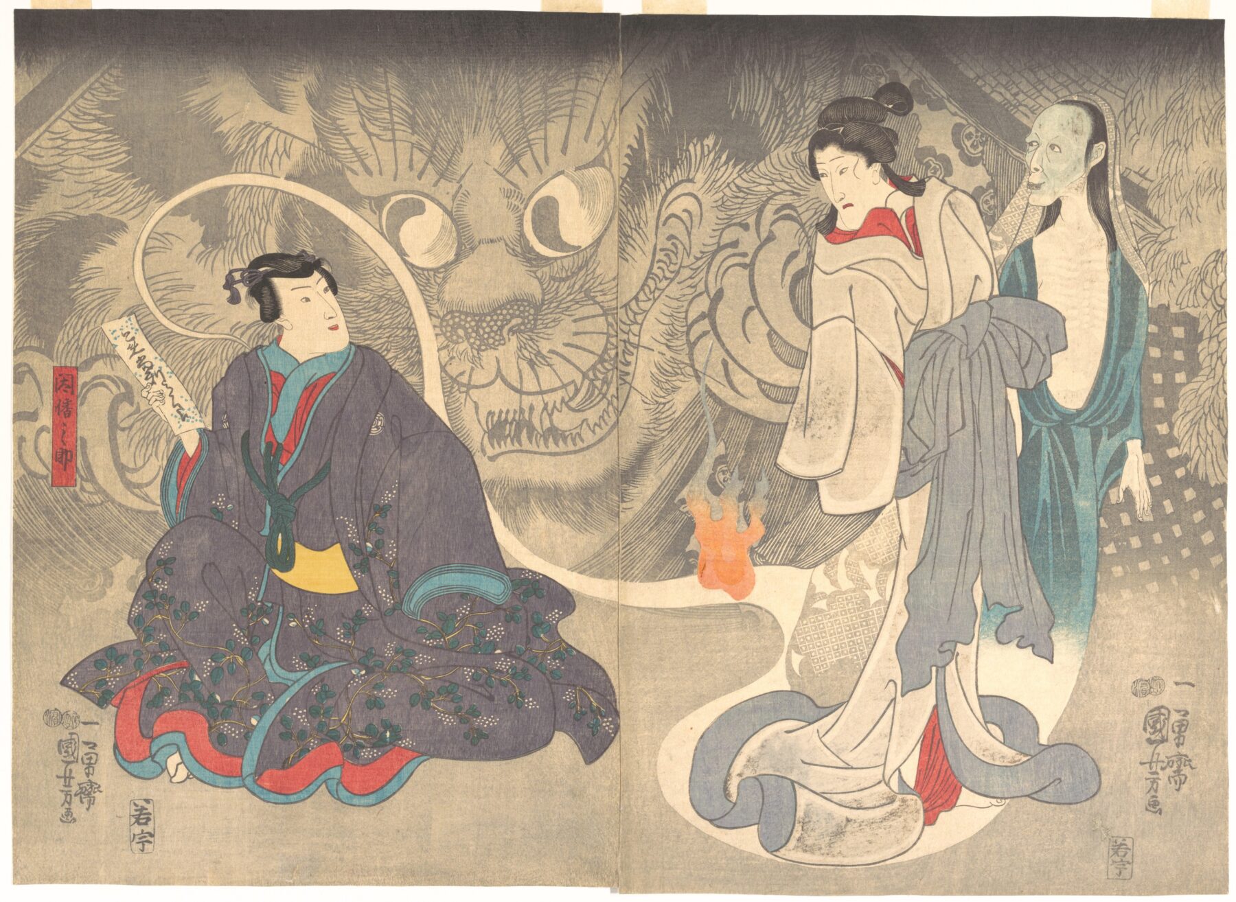 『昔ばなしの戯 猫又をへて古寺に怪をなす図』 歌川国芳 1850年頃 木版画・二枚続 メトロポリタン美術館所蔵　巨大な猫の怪異を描いた浮世絵