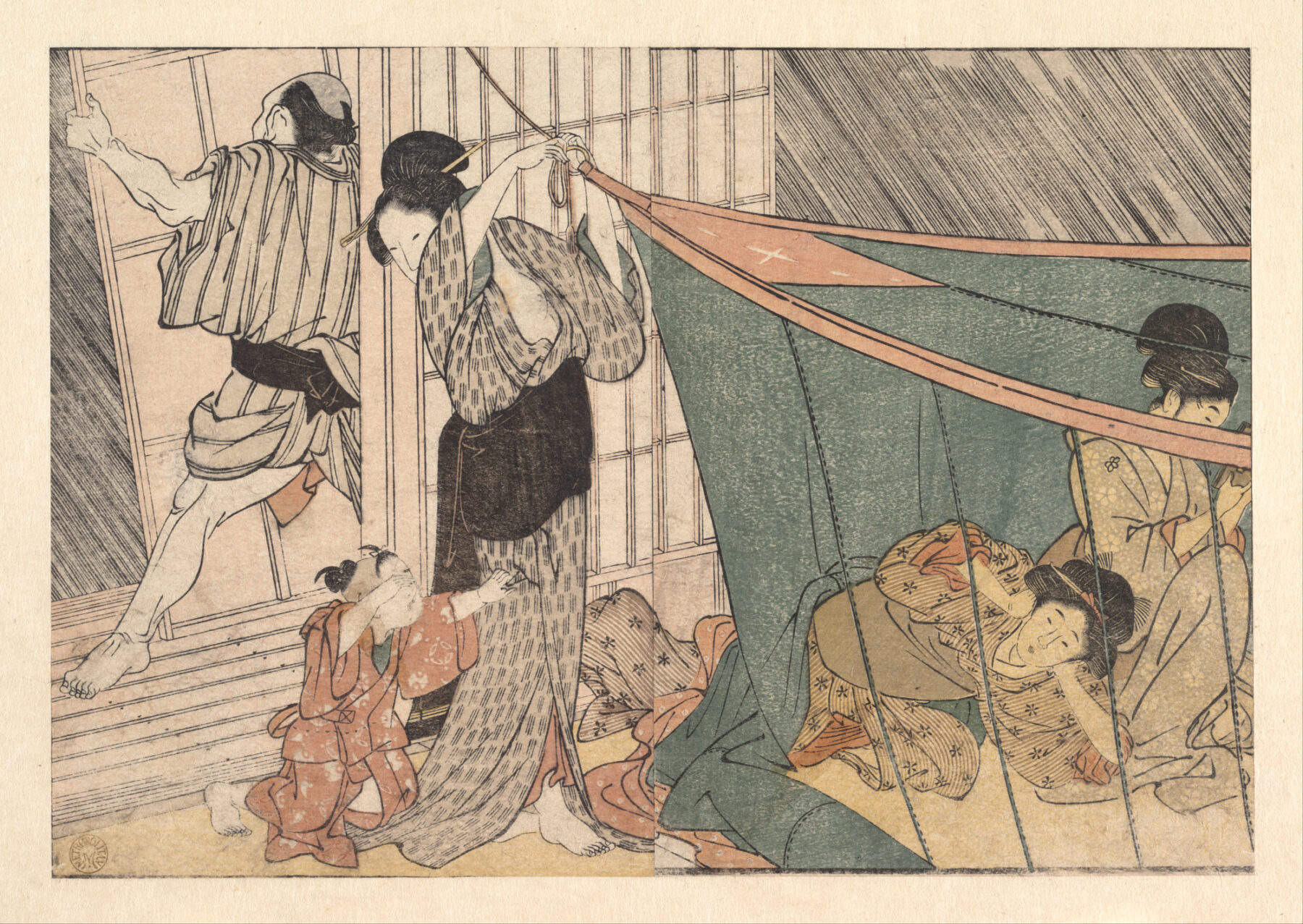『四季の花 花盛四季のながめ 雷雨来たる（夕立）』　喜多川歌麿　1801年　版本挿絵（『花盛四季のながめ』より・木版画）　雷雨の訪れ（夕立前）を描いた風俗画作品