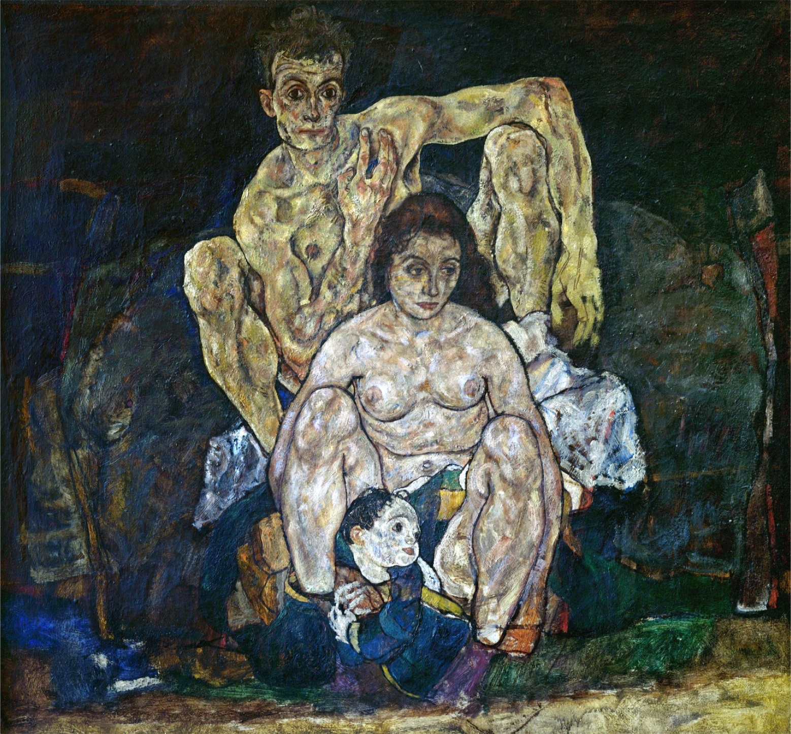 『家族（しゃがむ男女）』 エゴン・シーレ 1918年 油彩・キャンバス 150×160.8cm ベルヴェデーレ宮オーストリア絵画館所蔵
