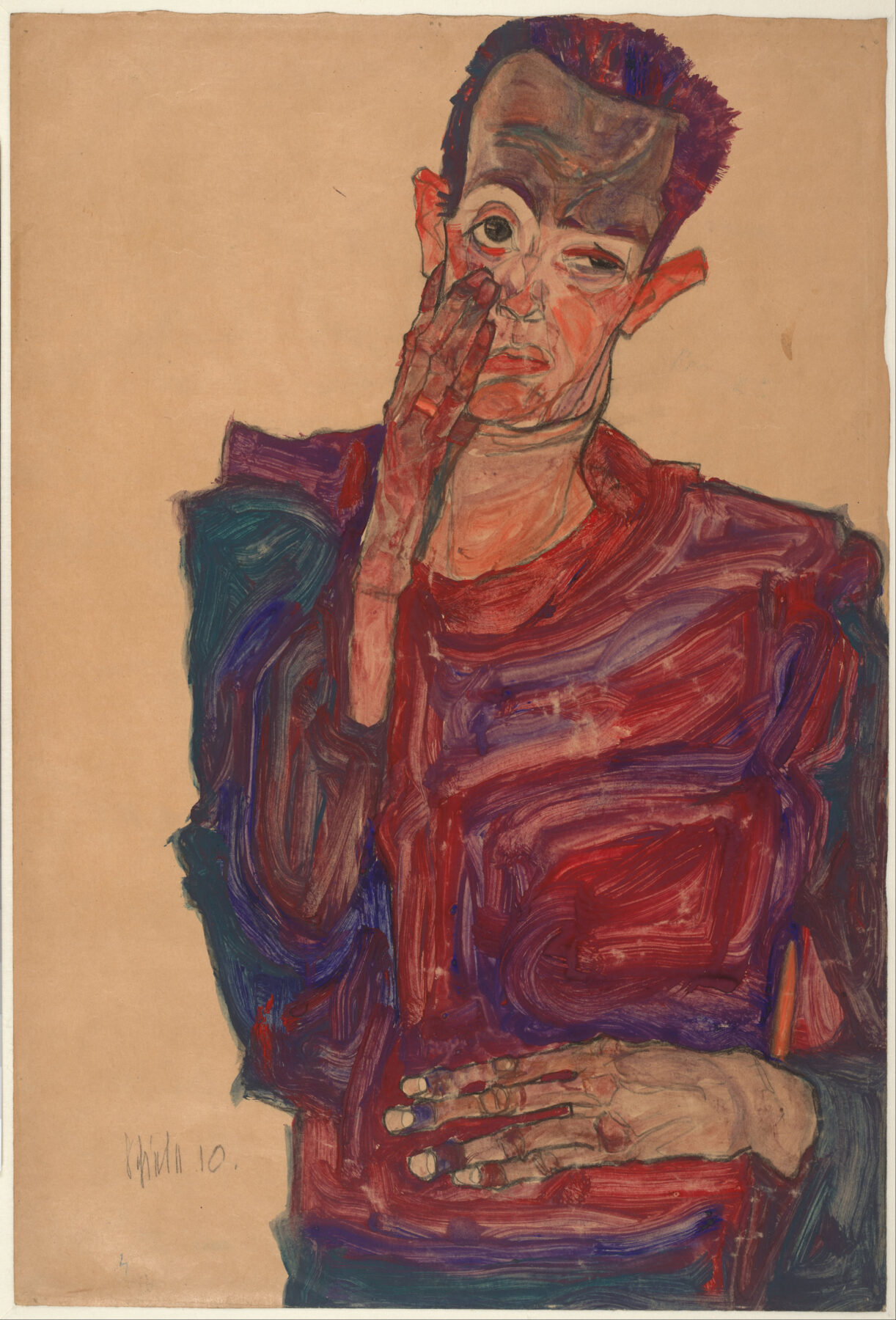 『まぶたを引き下げた自画像』 エゴン・シーレ 1910年 チョーク、グアッシュ、水彩・紙 44.3×30.5cm アルベルティーナ美術館所蔵