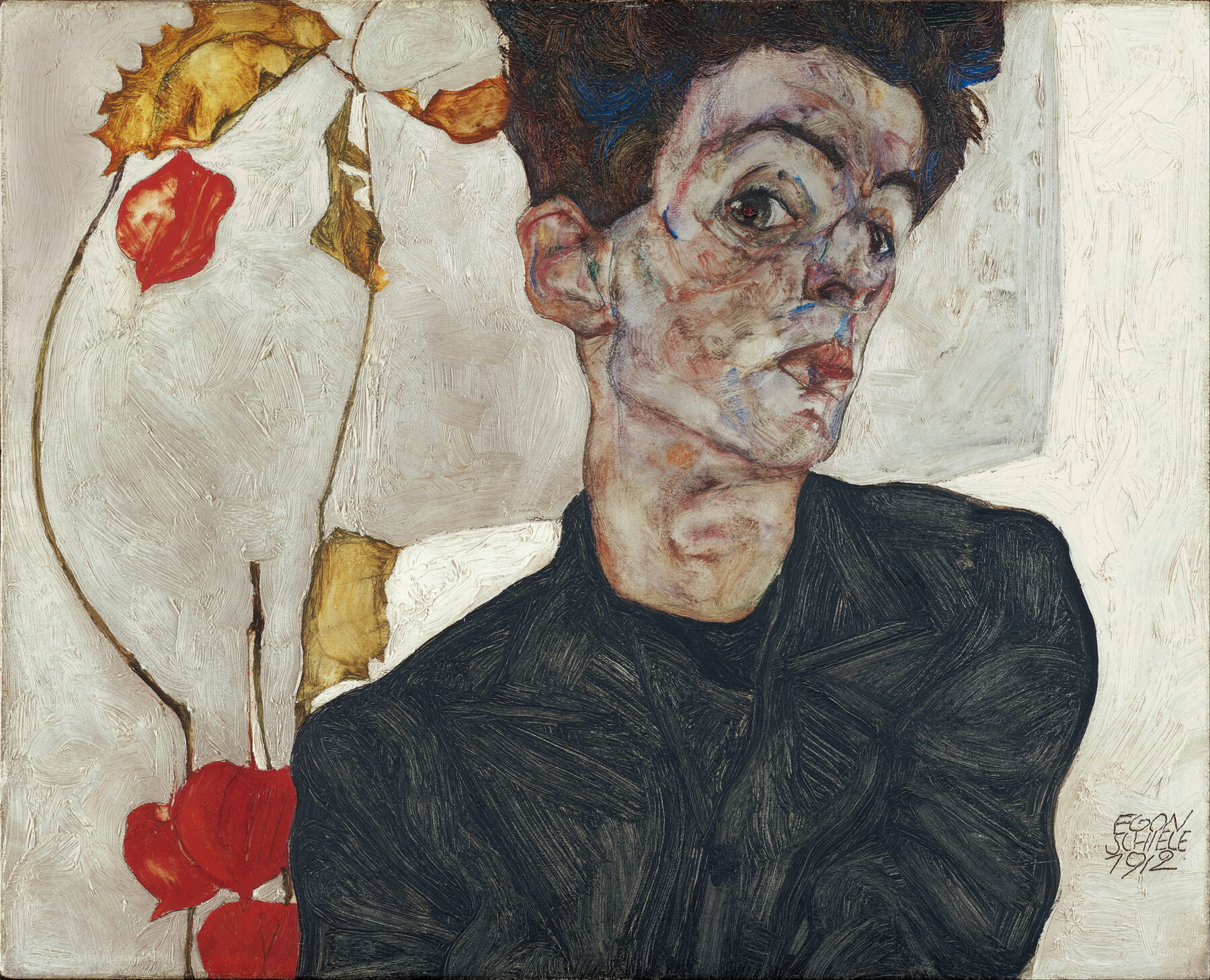 『ホオズキの実のある自画像』 エゴン・シーレ 1912年 油彩・不透明絵具・板 32.2×39.8cm レオポルド美術館所蔵
