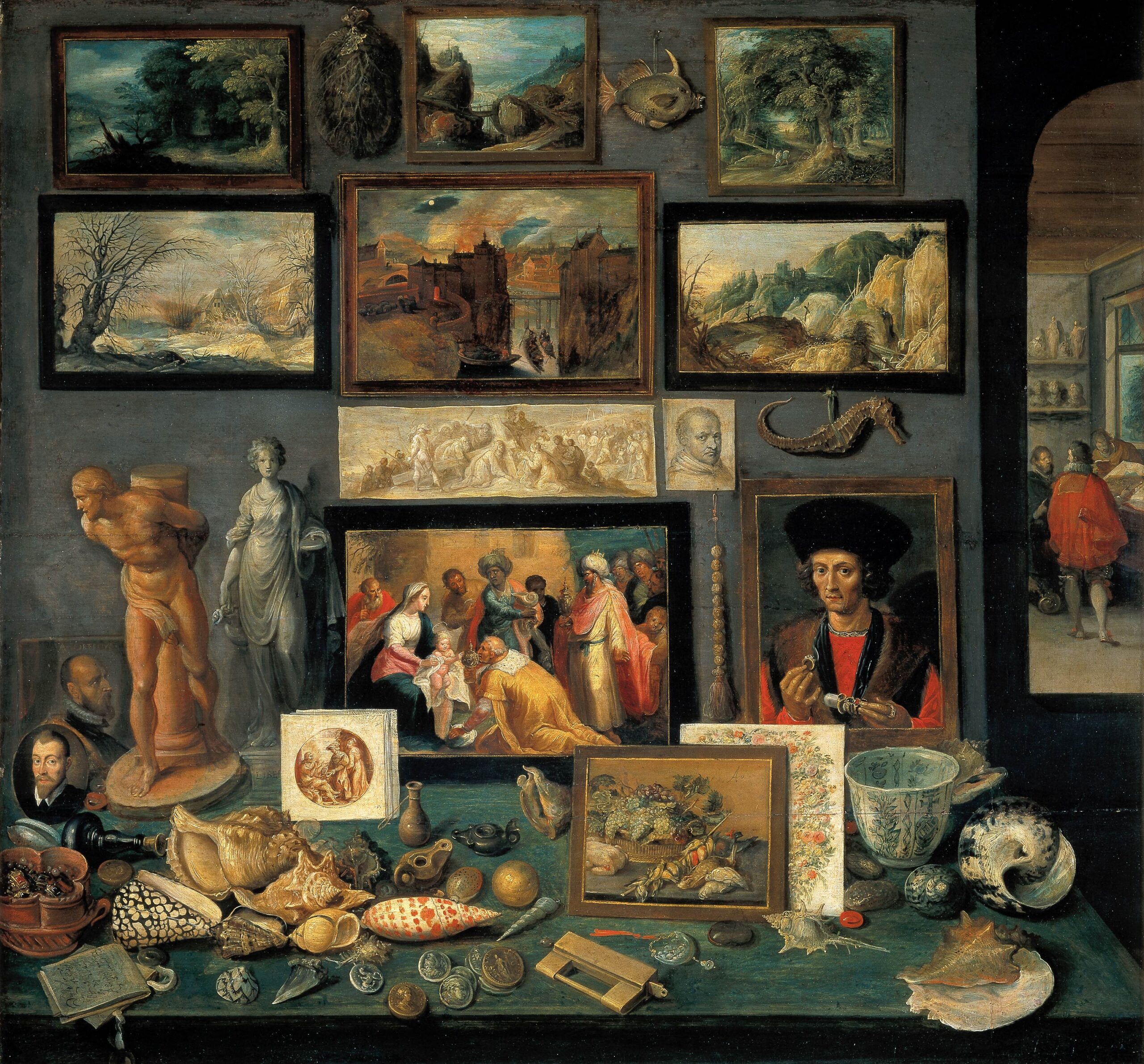 『Kunst- und Raritätenkammer』 フランス・フランケン2世 1620／1625年頃 油彩・板 74×78cm ウィーン美術史美術館所蔵　17世紀の驚異の部屋と美術コレクション