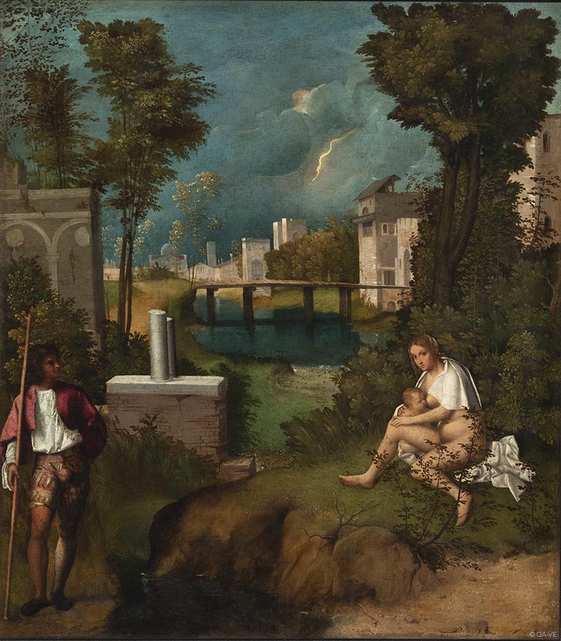 『嵐』 ジョルジョーネ 1506–1508年頃 油彩・キャンバス 83×73cm アカデミア美術館所蔵