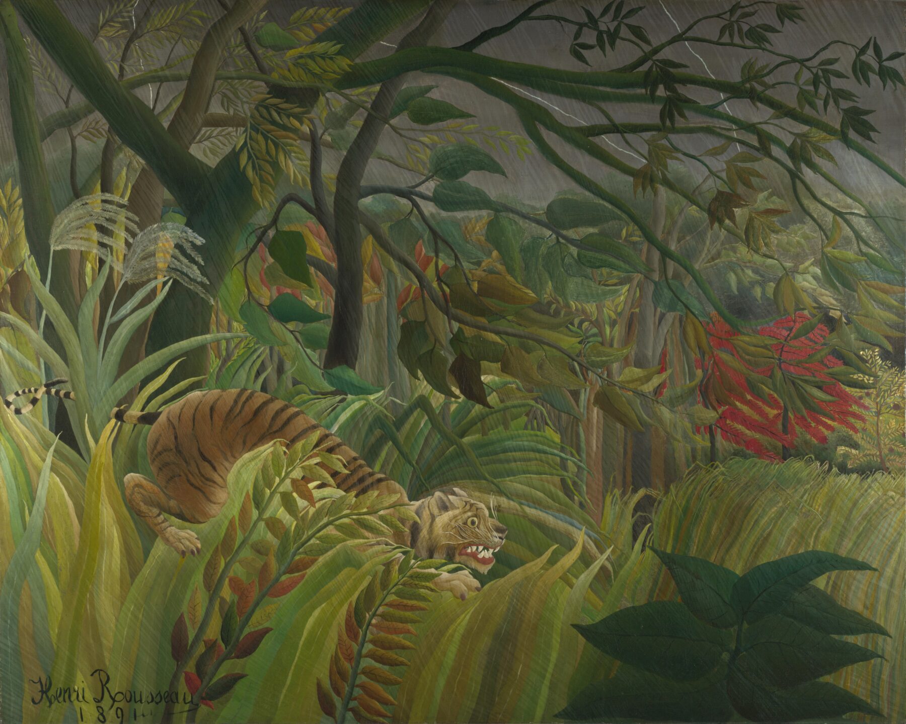 『熱帯嵐のなかの虎（驚き！）』 アンリ・ルソー 1891年 油彩・キャンバス 130×162cm ナショナル・ギャラリー（ロンドン）