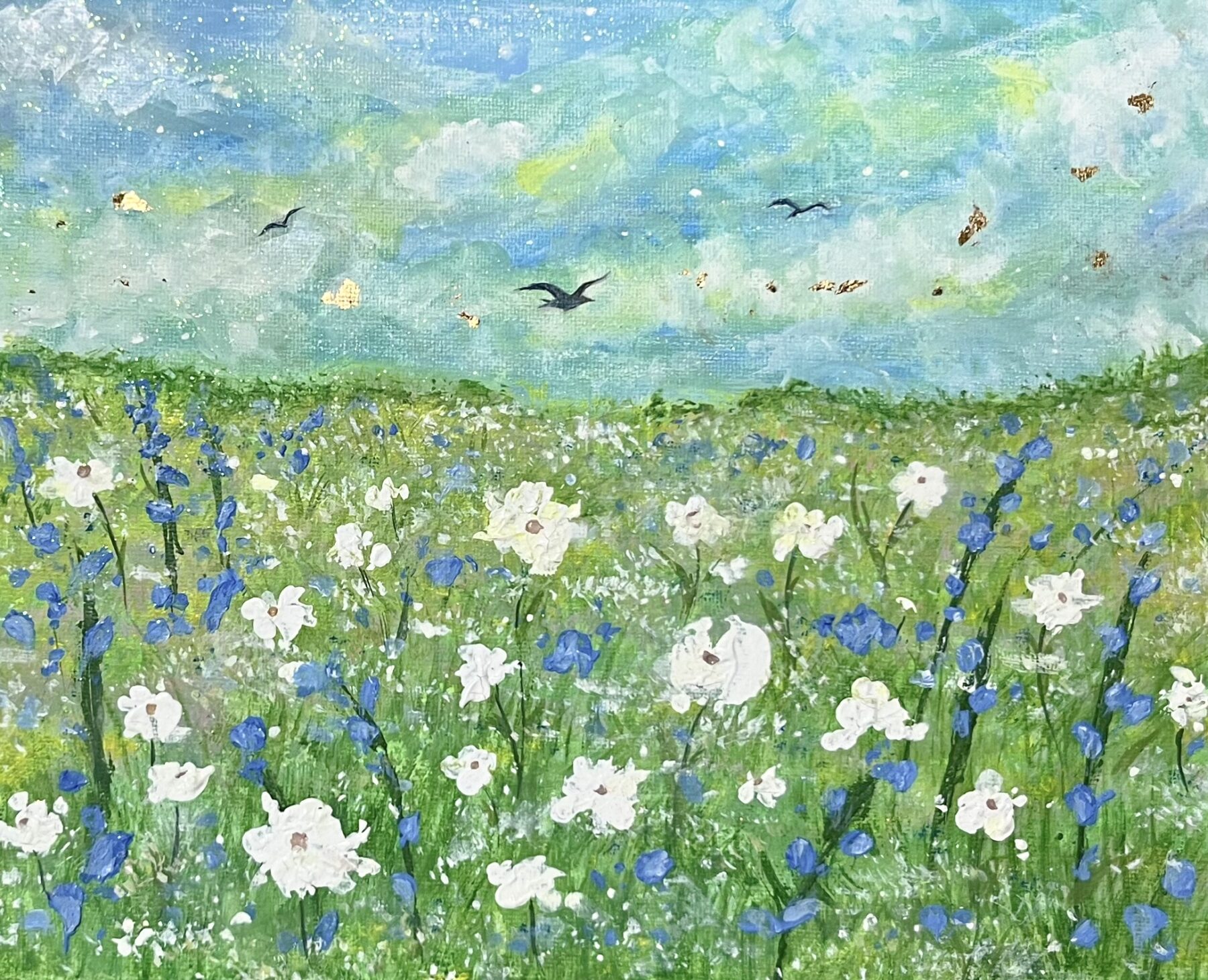 『初夏』春美穂子 ミクストメディア(アクリル絵具・水干絵具・金箔)22×27㎝