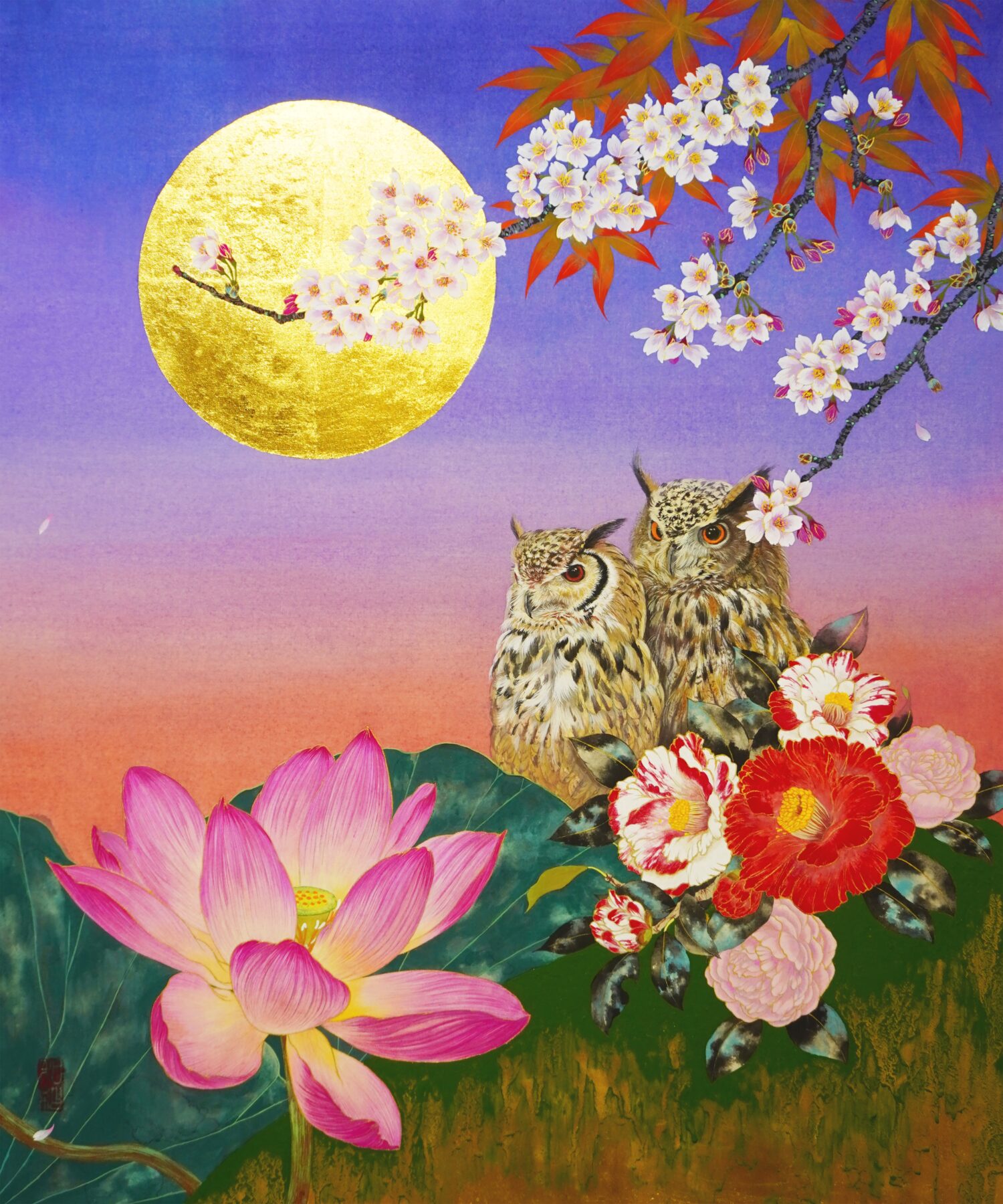 穴澤和紗『朝月夜・四季』日本画、F20号