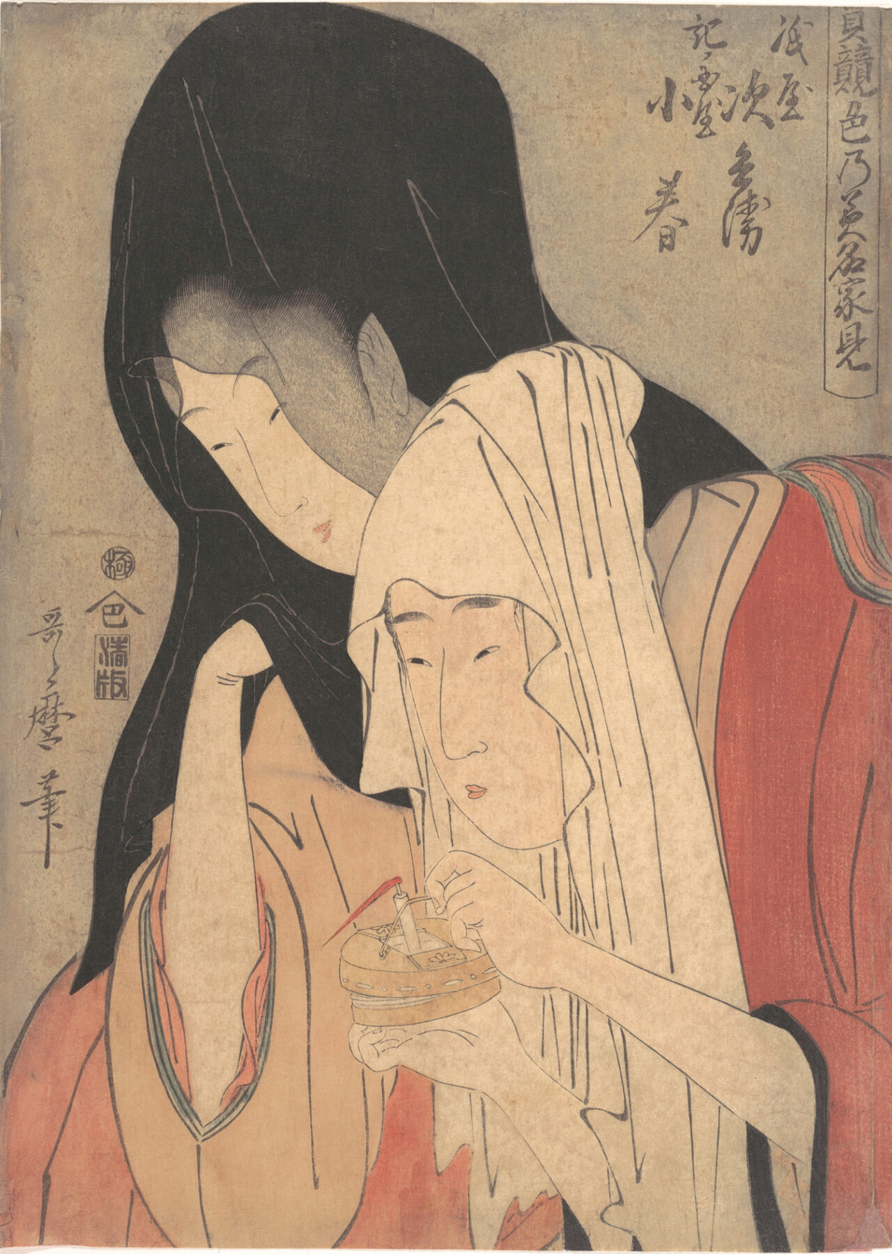 『紙屋治兵衛と紀伊国屋小春の心中』　喜多川歌麿　19世紀初頭　木版画（錦絵・風俗画）　紙屋治兵衛と紀伊国屋小春の駆け落ち場面を描いた作品