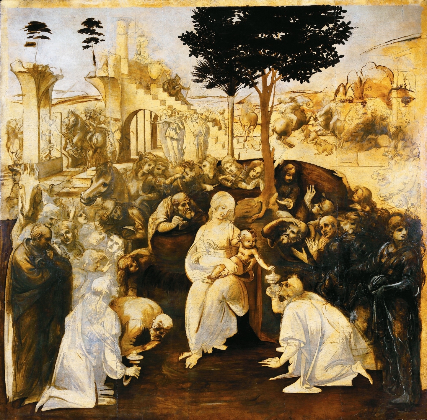 『東方三博士の礼拝』 レオナルド・ダ・ヴィンチ 1481–1482年頃 未完成 板 246×243cm ウフィツィ美術館所蔵