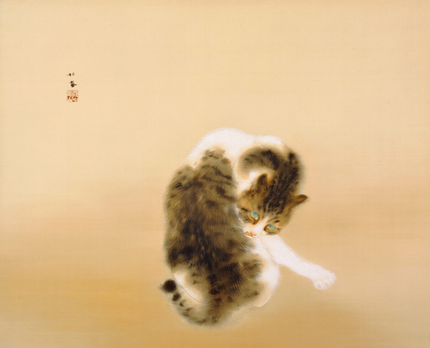 『班猫』 竹内栖鳳 1924年 絹本著色 山種美術館  毛づくろいをする斑猫を描いた竹内栖鳳の日本画『班猫』