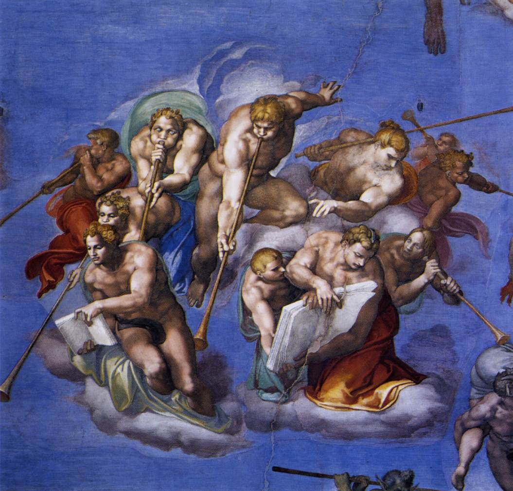 『最後の審判』の天使たち　ミケランジェロ・ブオナローティ　1536–1541年　フレスコ部分　システィーナ礼拝堂　終末を告げるラッパを吹く天使たちが描かれています。