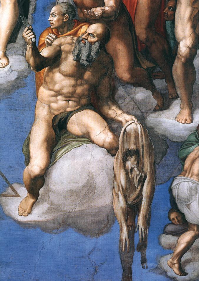 『最後の審判』の聖バルトロマイ　ミケランジェロ・ブオナローティ　1536–1541年　フレスコ部分　システィーナ礼拝堂　聖バルトロマイが持つ剥がれた皮膚には、ミケランジェロ自身の顔が描かれていると考えられています。