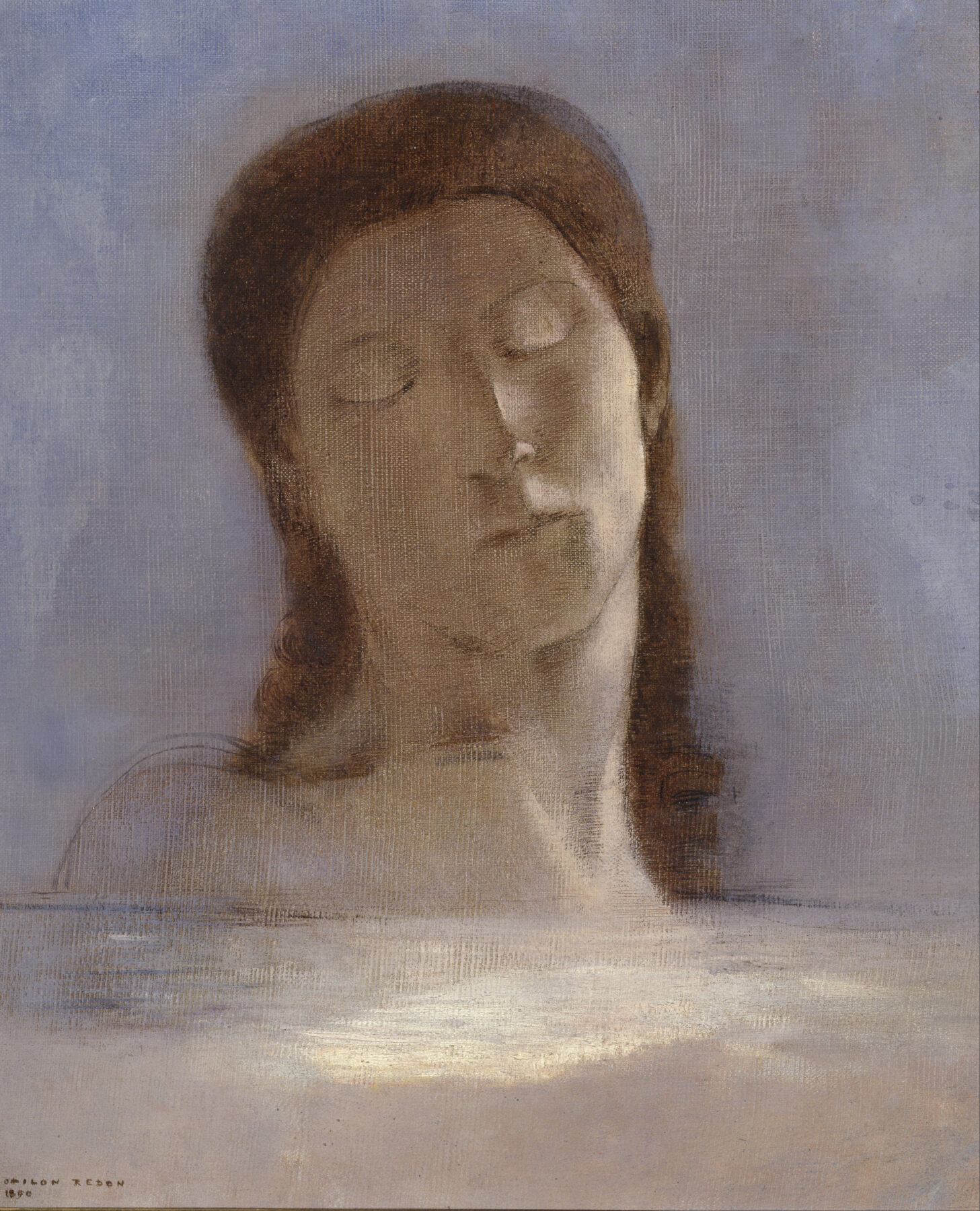 『目を閉じて』 オディロン・ルドン 1890年 油彩・キャンバスを厚紙に貼付 44×36cm オルセー美術館所蔵

