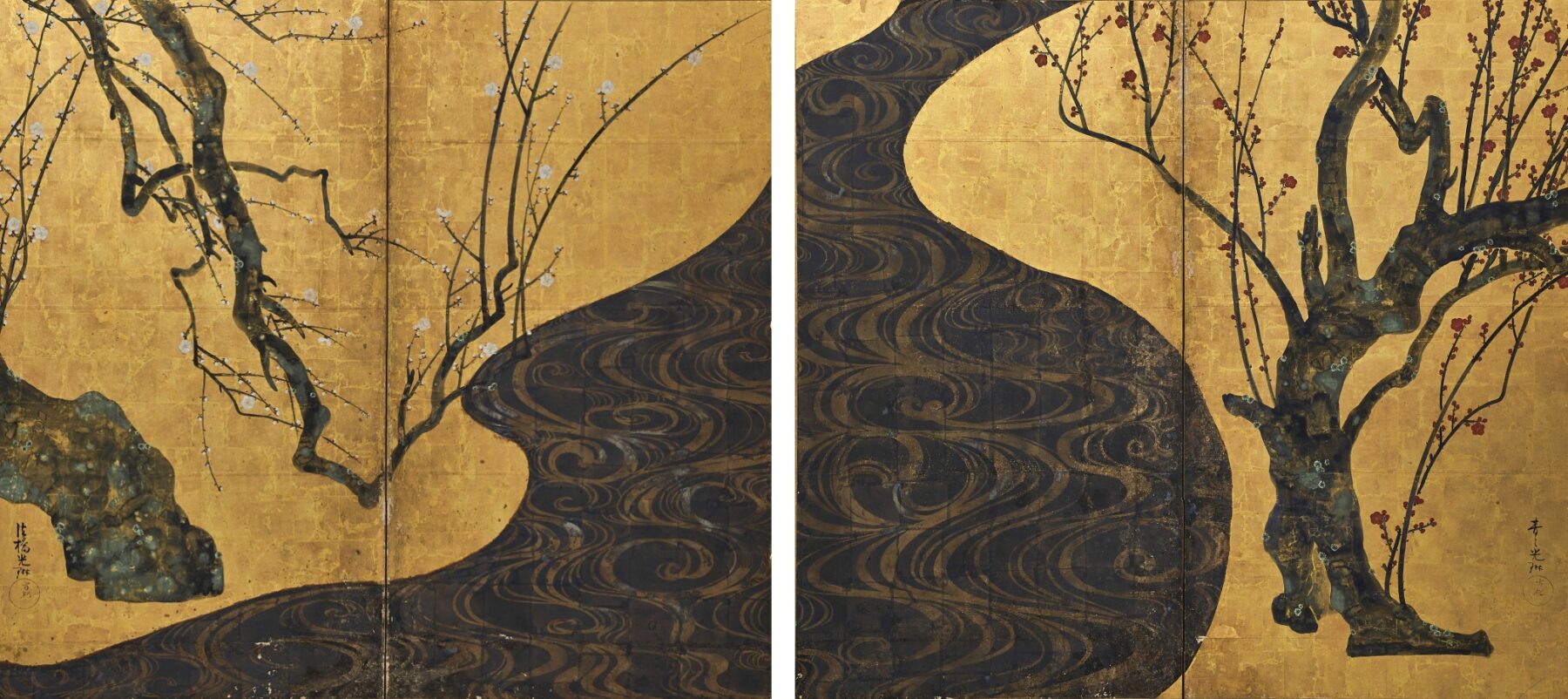 『紅白梅図屏風』 尾形光琳 江戸時代(18世紀初頭、1710年代頃) 紙本金地著色・二曲一双屏風 各156.0×172.2cm 国宝 MOA美術館所蔵