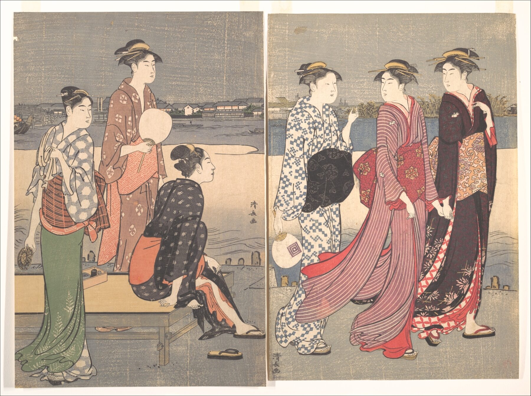 『大川端の夕涼み』 鳥居清長 1784年頃 木版画(錦絵・大判二枚続) 完成期の代表作 メトロポリタン美術館所蔵