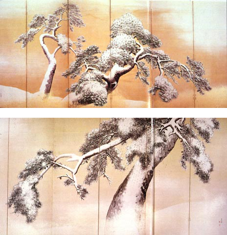『雪松図屏風』　円山応挙　江戸時代・18世紀後半　紙本金地墨画淡彩・六曲一双屏風　国宝　三井記念美術館所蔵