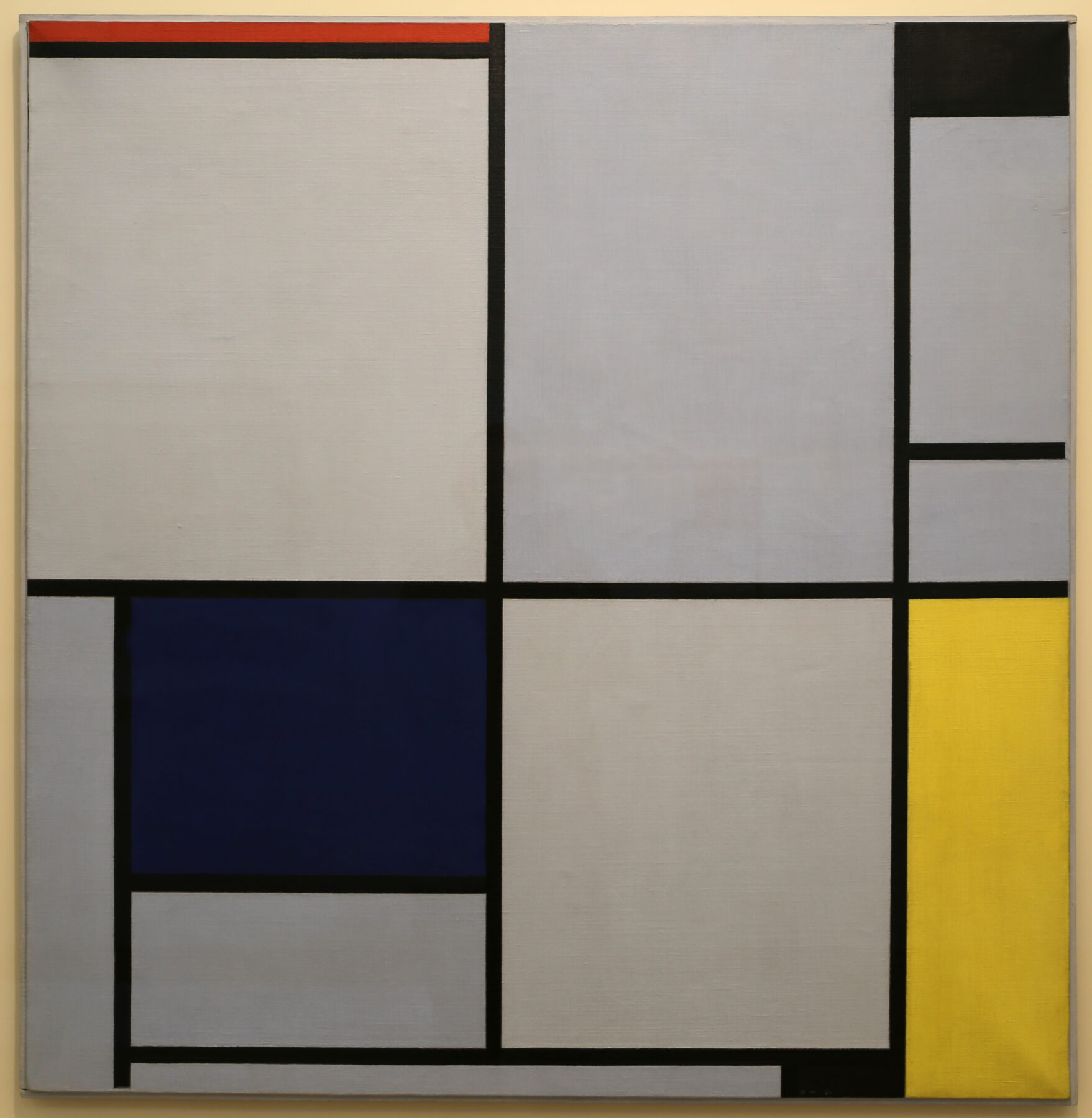 ピート・モンドリアン《Tableau I》　1921年　油彩・キャンバス　デン・ハーグ美術館所蔵。自然の形を離れ、線と色面による構成へ進んだ時期の重要作。