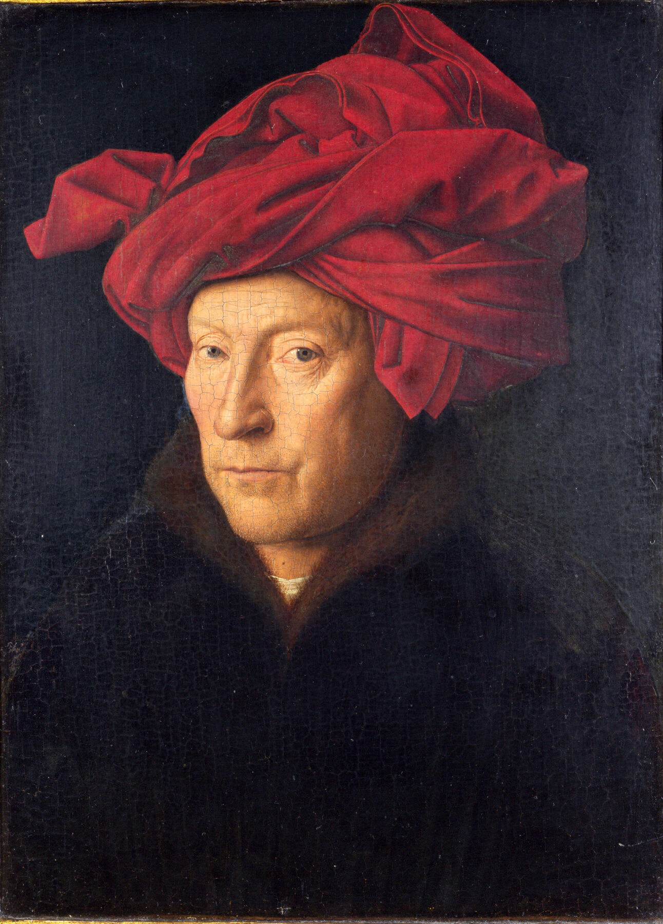 ヤン・ファン・エイク『男性の肖像(自画像?)』1433年 油彩・板 26×19cm ナショナル・ギャラリー所蔵 ヤン・ファン・エイクによる赤いターバンの男性肖像