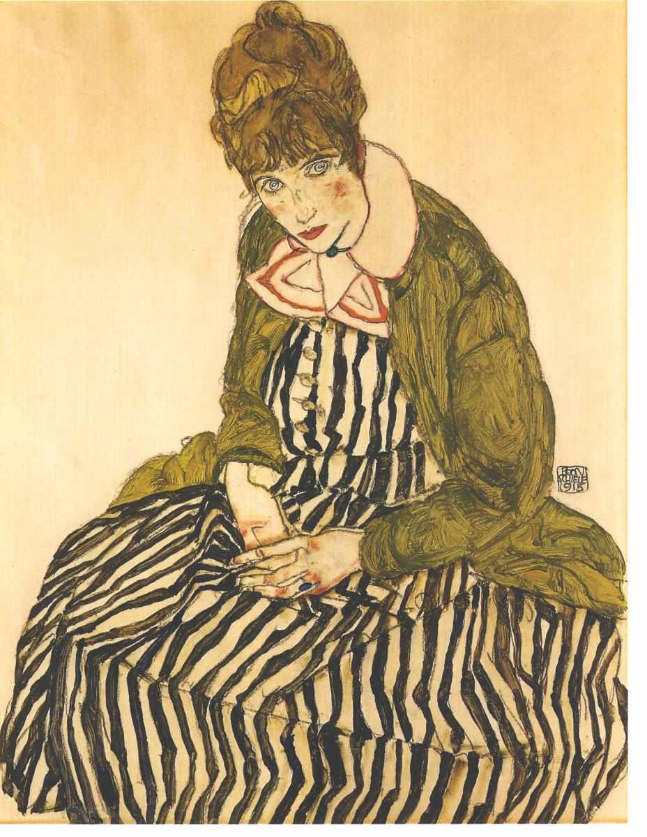 『縞模様のドレスを着て座るエディト・シーレ』　エゴン・シーレ　1915年　油彩・キャンバス　レオポルド美術館所蔵