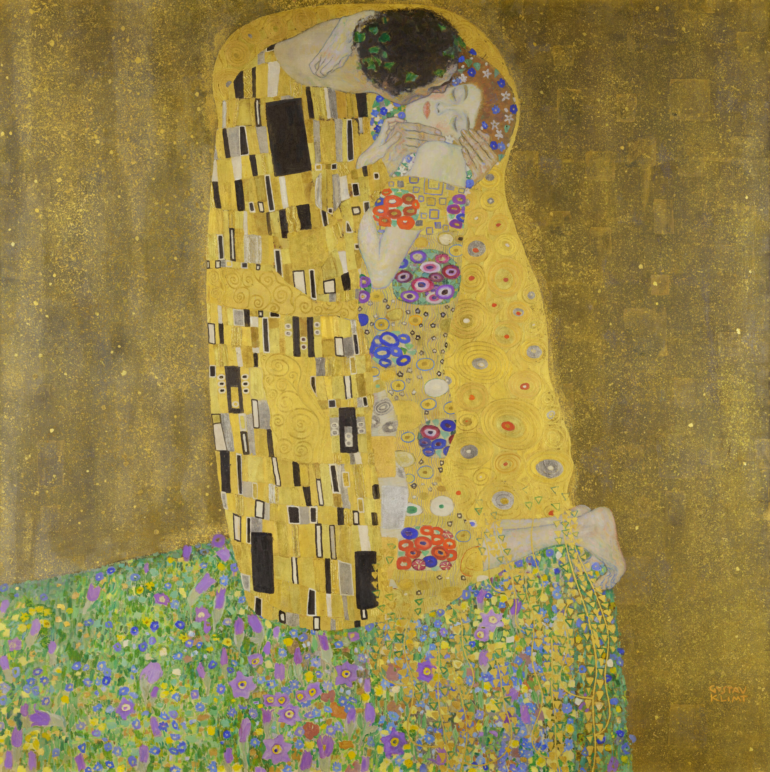『接吻』 グスタフ・クリムト 1908年頃 油彩・金箔・キャンバス 180×180cm ベルヴェデーレ宮殿オーストリア絵画館（ウィーン）所蔵