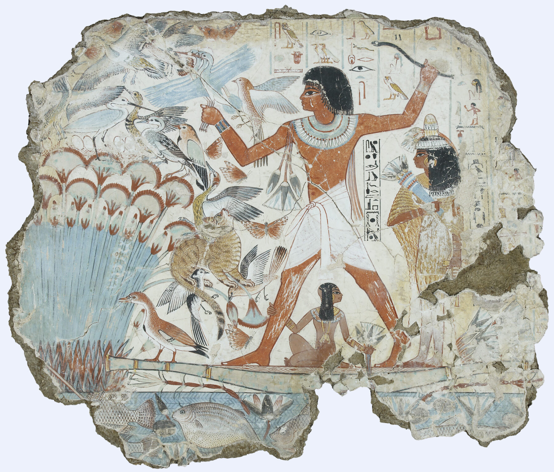 『パピルスの茂みでの狩猟』　古代エジプト第18王朝（紀元前1350年頃）　壁画（石膏に彩色）　ネバムンの墓　大英博物館所蔵