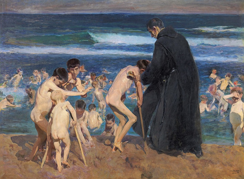 『悲しき遺産』ソホアキン・ソローリャ　1899年。バレンシアの海で水浴びをする身体障害のある子供たち。中央にはポリオに罹患した2人の子供の姿が描かれている。（バンカハ・コレクション）