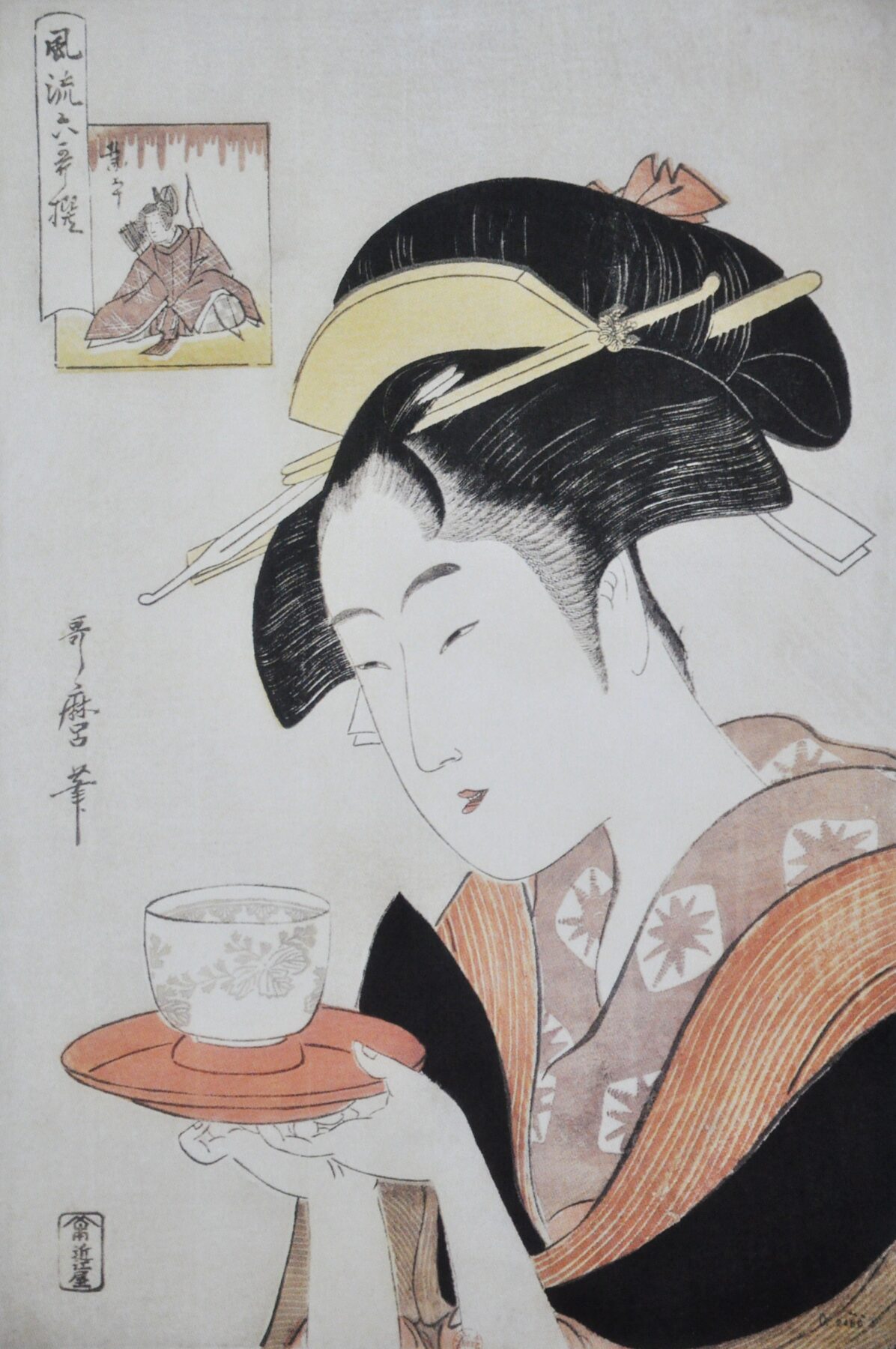 『業平（難波屋おきた）』　喜多川歌麿　1796年頃　木版画（大判錦絵・美人画）　『風流六哥撰』より　難波屋おきたを在原業平になぞらえて描いた作品