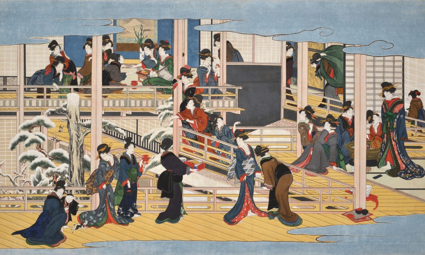 『深川の雪』 喜多川歌麿 1802-1806年頃 紙本着色・肉筆掛軸 日本個人蔵 深川の料理茶屋と雪景色を描いた晩年の大画面肉筆画