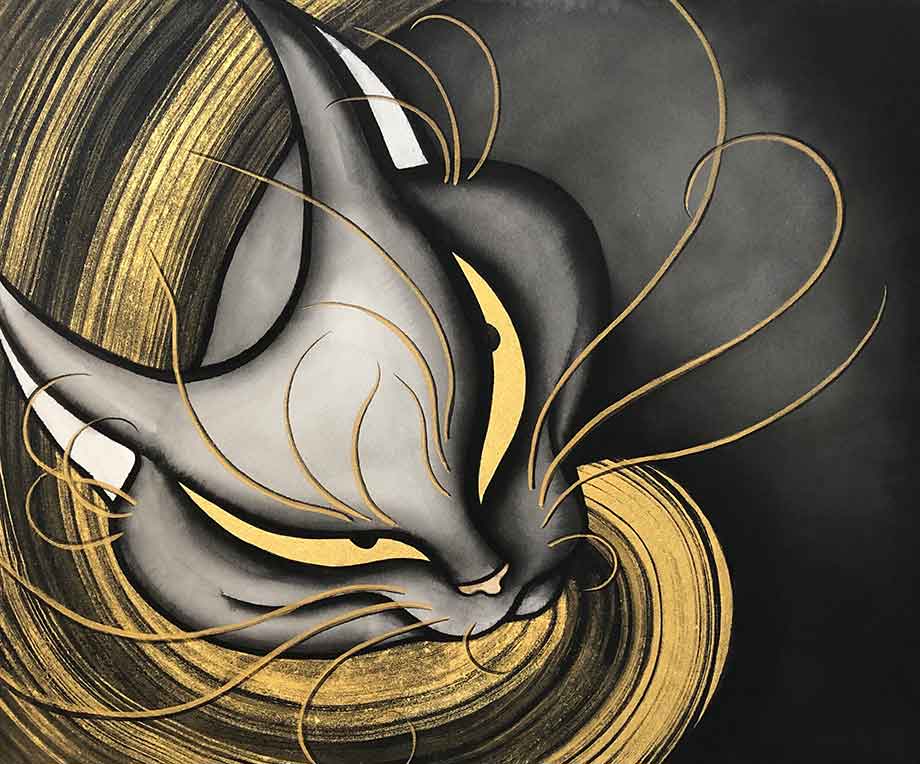 溝口まりあ「破魔猫図(はまびょうず)」日本画　縦61×横73cm