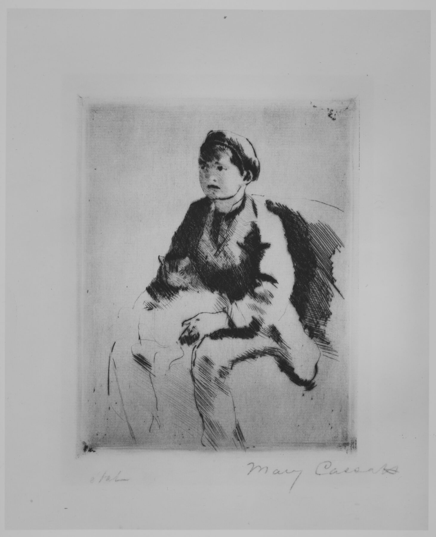 『猫を抱くロベール』 メアリー・カサット 1882年頃 ドライポイント メトロポリタン美術館