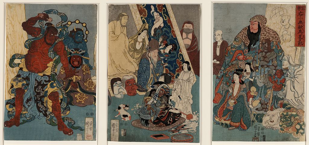 『名誉右に敵なし 左甚五郎』 歌川国芳 1847-1850年 木版画 三枚続 Library of Congress 猫を含む三枚続の浮世絵