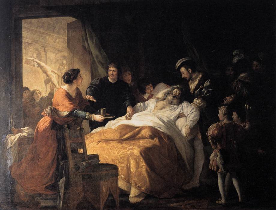 《フランソワ1世の腕の中で死ぬレオナルド・ダ・ヴィンチ》　フランソワ＝ギヨーム・メナジョー　1781年　油彩・キャンバス　278×357cm　オテル・モラン美術館（アンボワーズ）所蔵　　※後世の伝説を描いた作品
