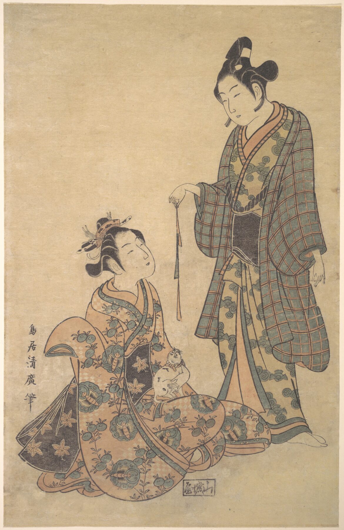 『Woman Seated Holding a Cat』 鳥居清広 ca. 1755 木版画・紙に墨と色 メトロポリタン美術館 座る女性が猫を抱く浮世絵
