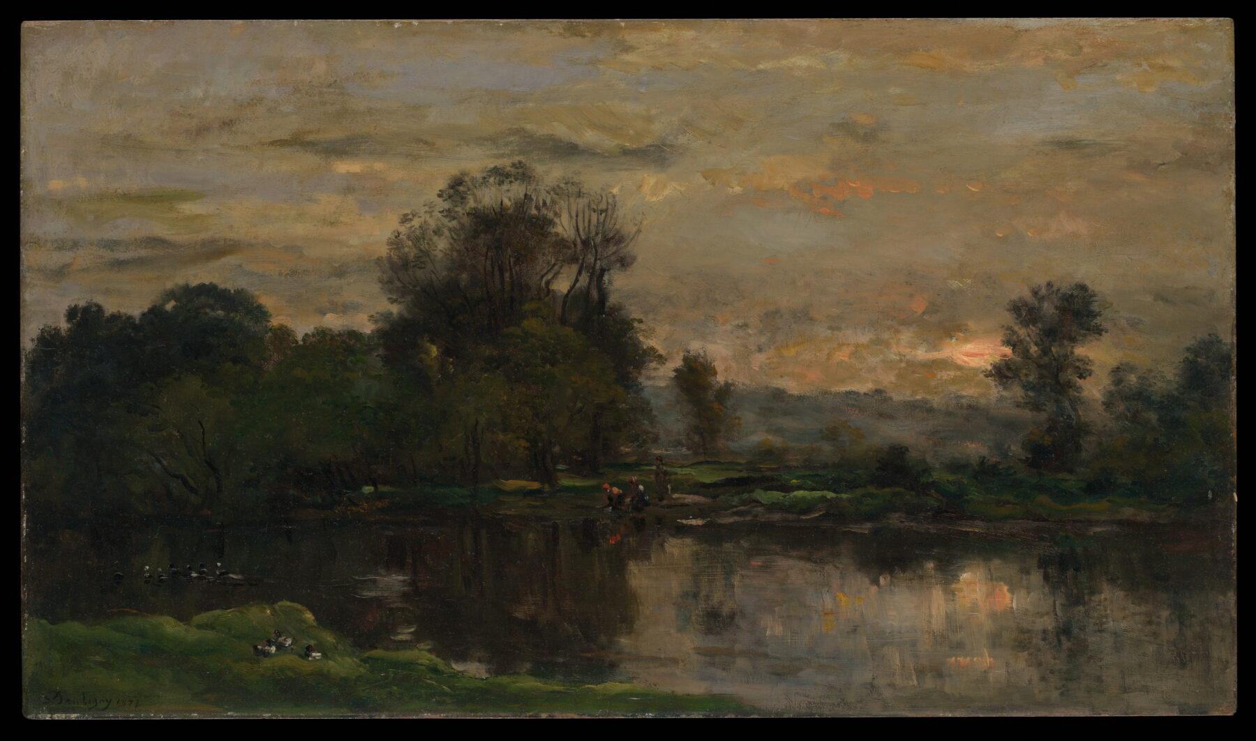 『アヒルのいる風景』 シャルル＝フランソワ・ドービニー 1872年 板に油彩 メトロポリタン美術館  夕暮れの川とアヒルを描いた風景画