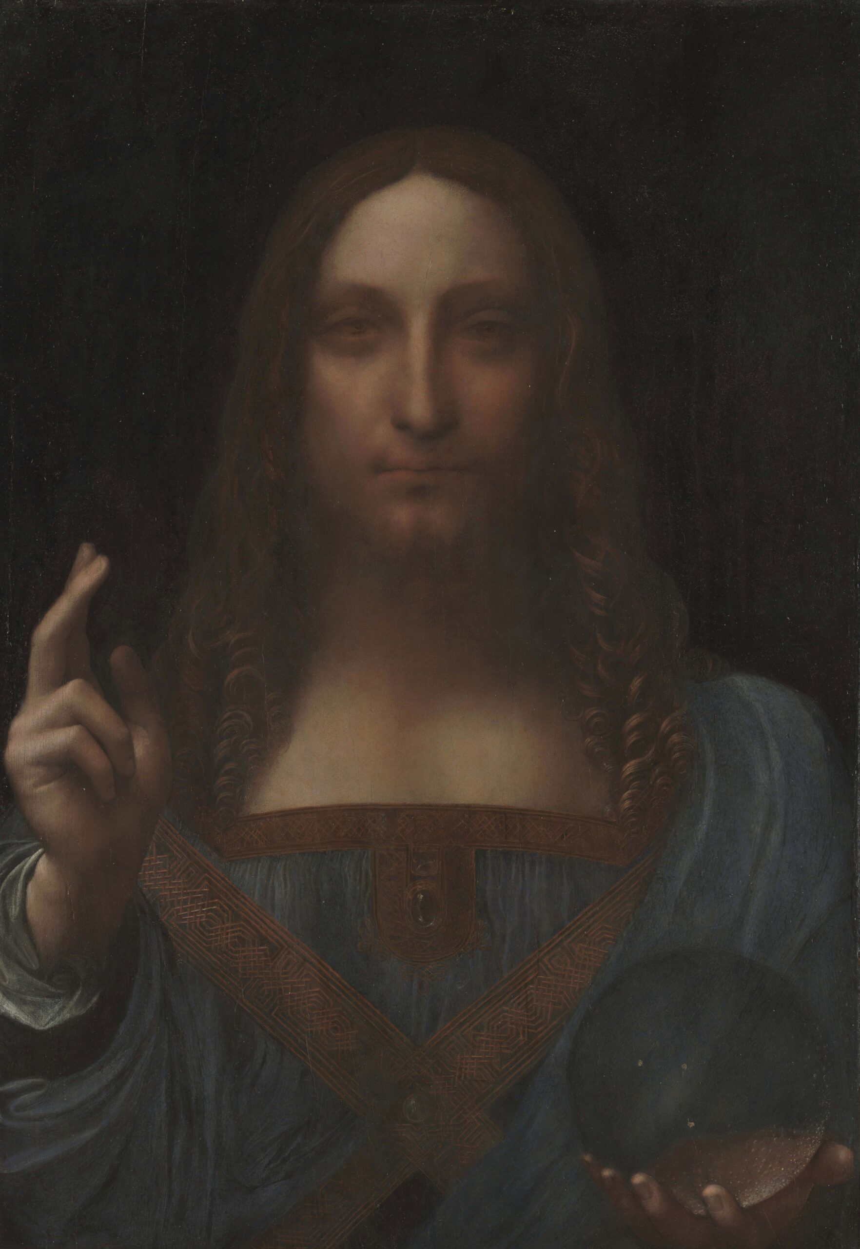 レオナルド・ダ・ヴィンチに帰属『サルバトール・ムンディ』1500年頃、油彩・クルミ材、約65.5×45.1cm、現所在未公表。