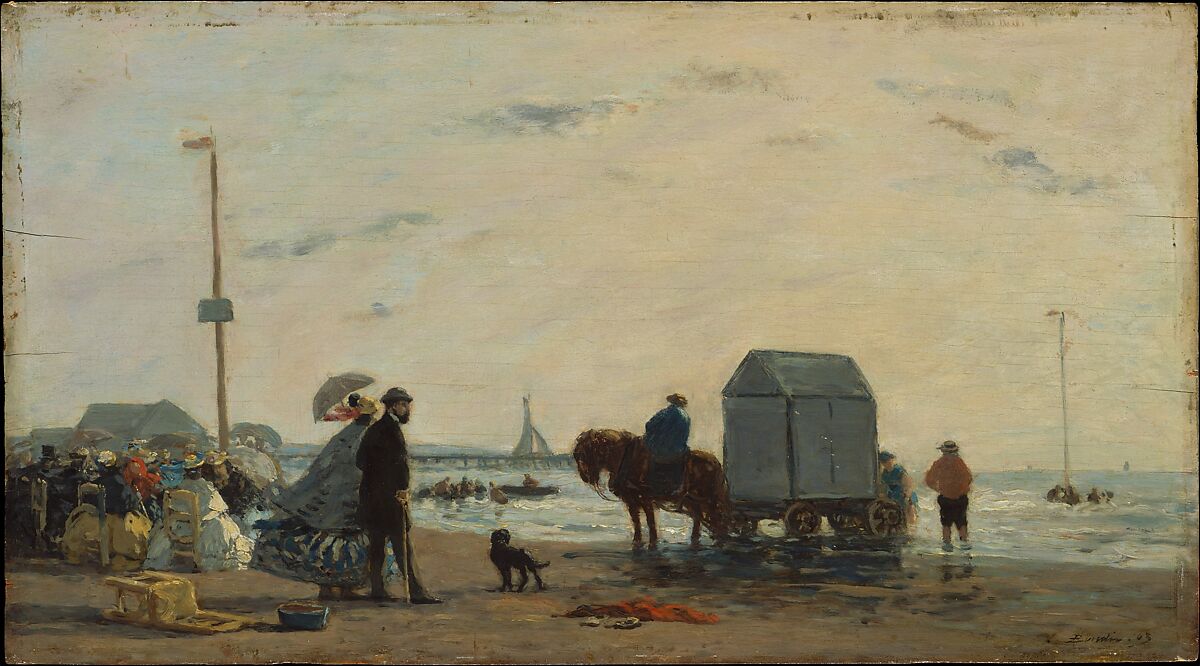 『トルーヴィルの浜辺』（On the Beach at Trouville）ウジェーヌ・ブーダン 1863年 油彩・板 26.7×48.3cm メトロポリタン美術館所蔵