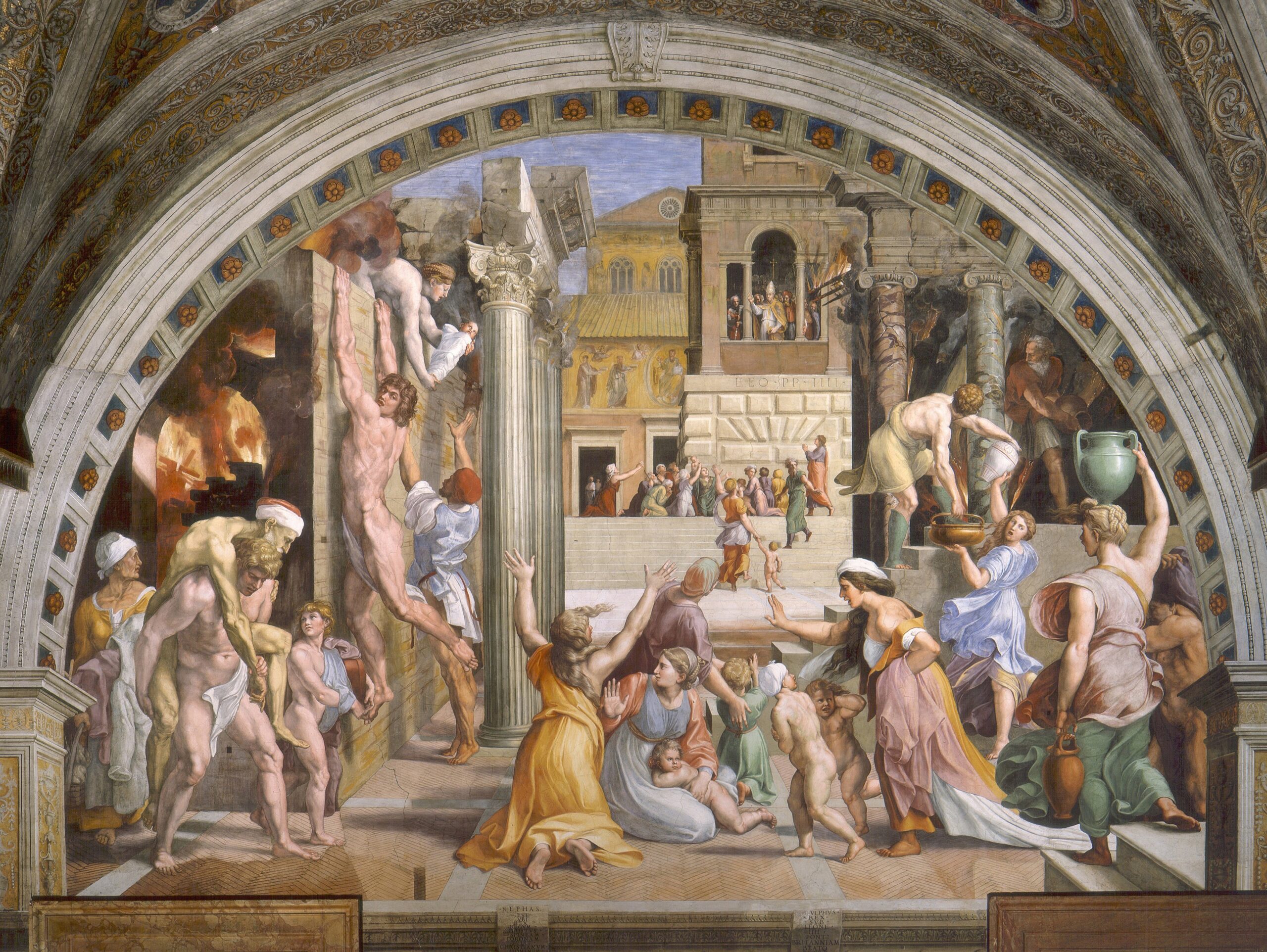 『ボルゴの火災』　ラファエロ工房　1514～1517年頃　フレスコ　ヴァチカン宮殿ボルゴの火災の間