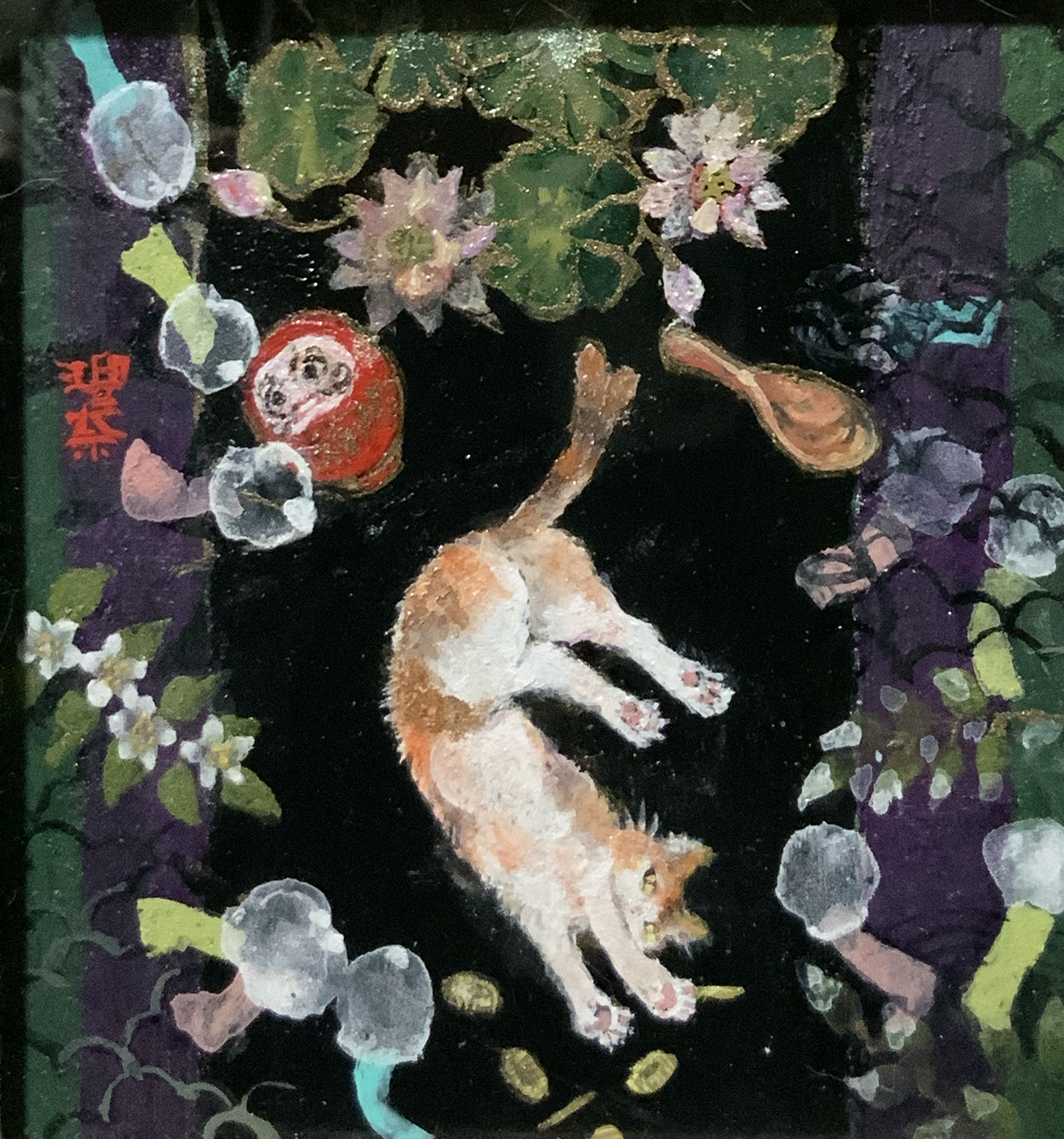 『刹那猫又祈願』長谷川理奈　アクリル画　8.7×8.7cm