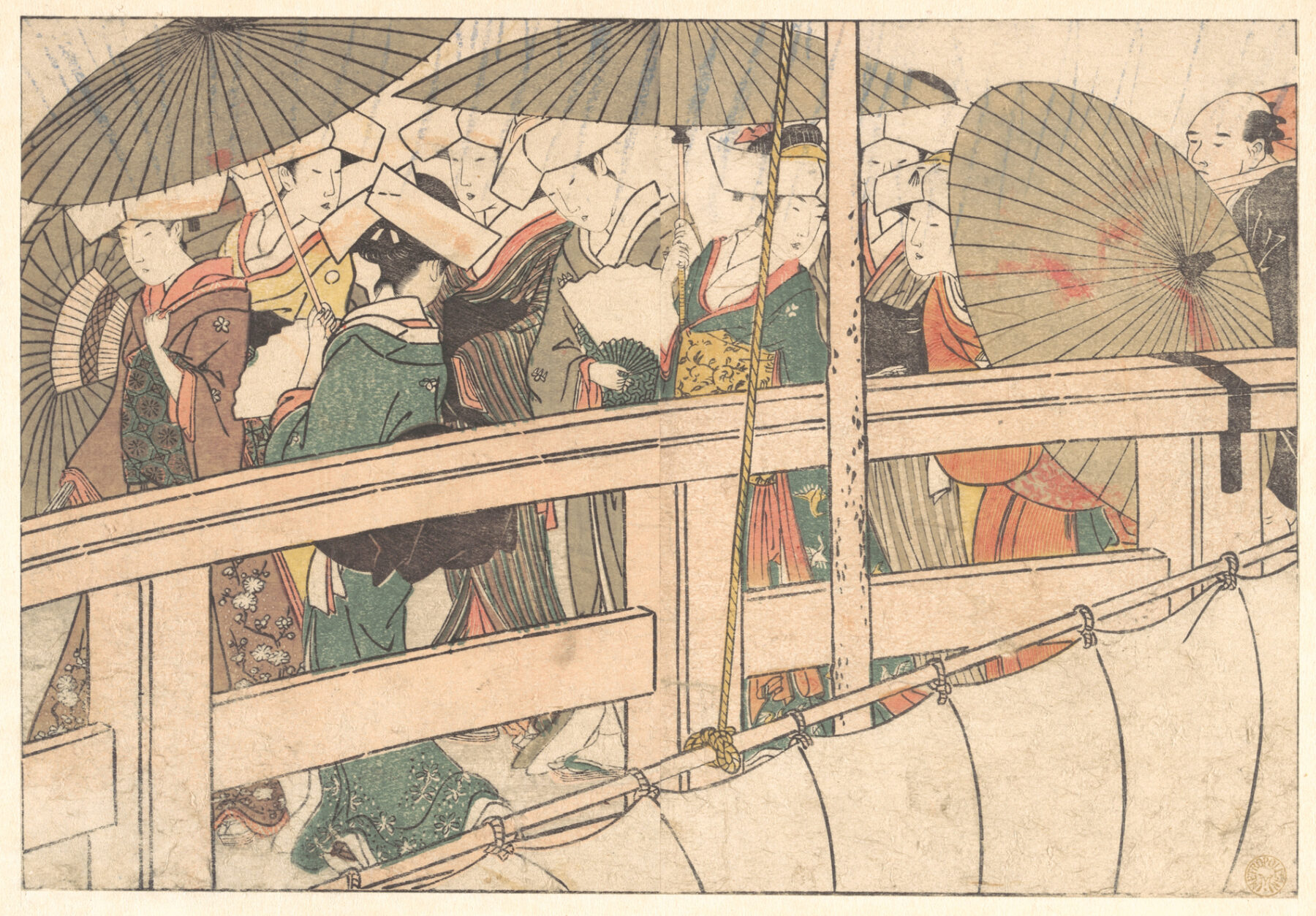『四季の花 花盛四季のながめ 橋上の女たち』　喜多川歌麿　1801年　版本挿絵（『花盛四季のながめ』より・木版画）　橋上の女性たちを描いた美人画作品