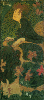 『坐る娘と兎』　ピエール・ボナール　1891年　油彩／カンヴァス　96.5×43cm　国立西洋美術館所蔵